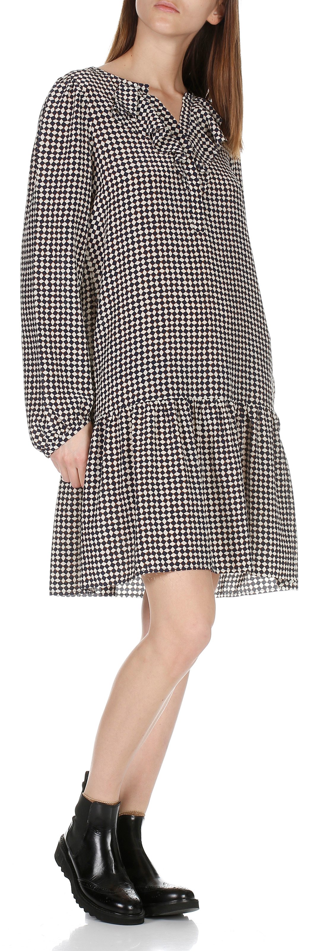 Short silk dress with ruffles and graphic print  ATTIC AND BARN Blue