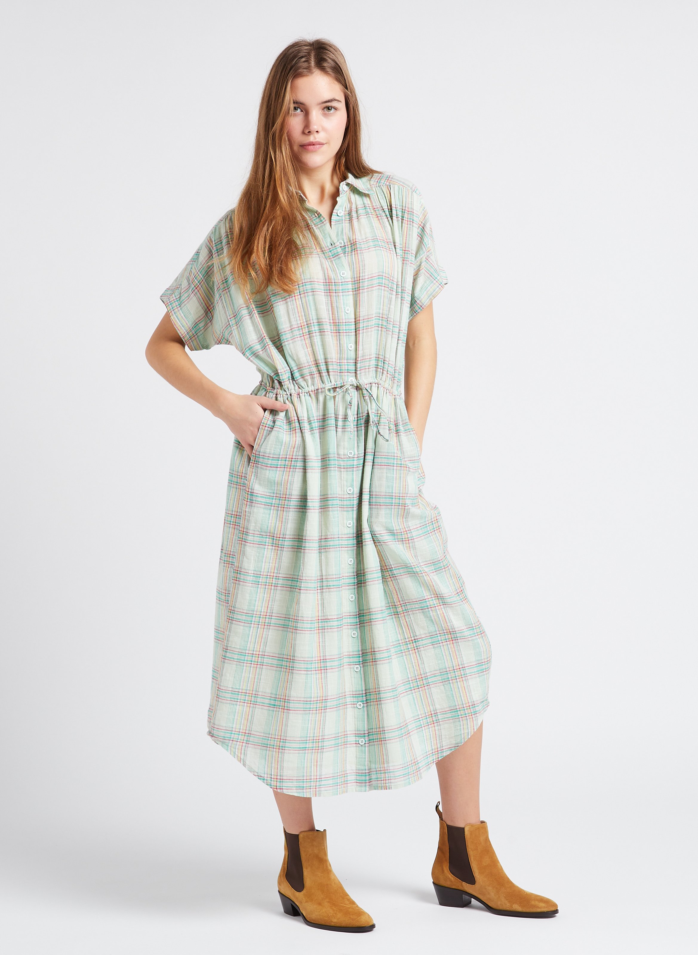 Loose-fit checked cotton midi dress with classic collar SWILDENS Blue