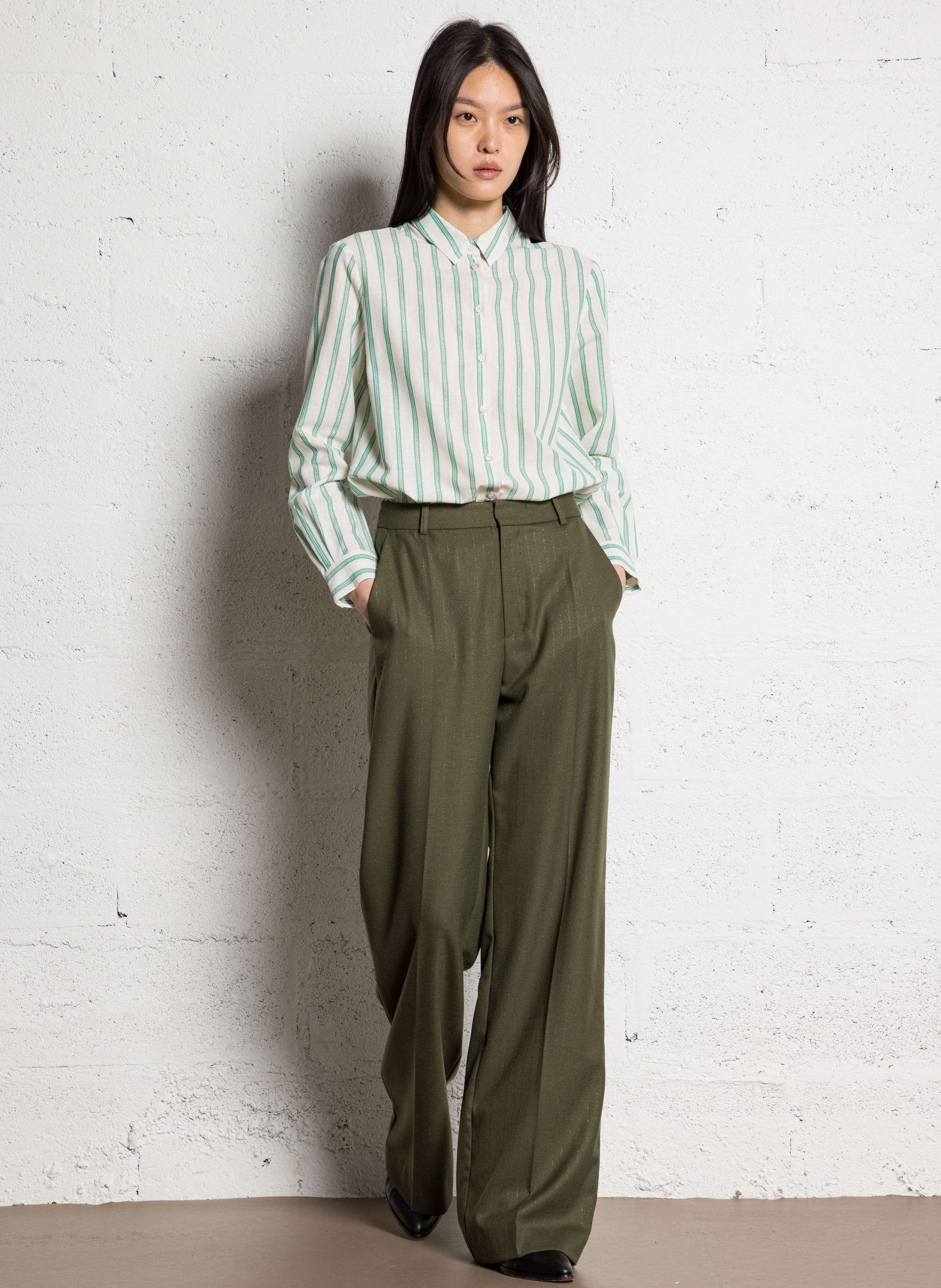 Chemise droite col classique à rayures métallisées ONE STEP Vert