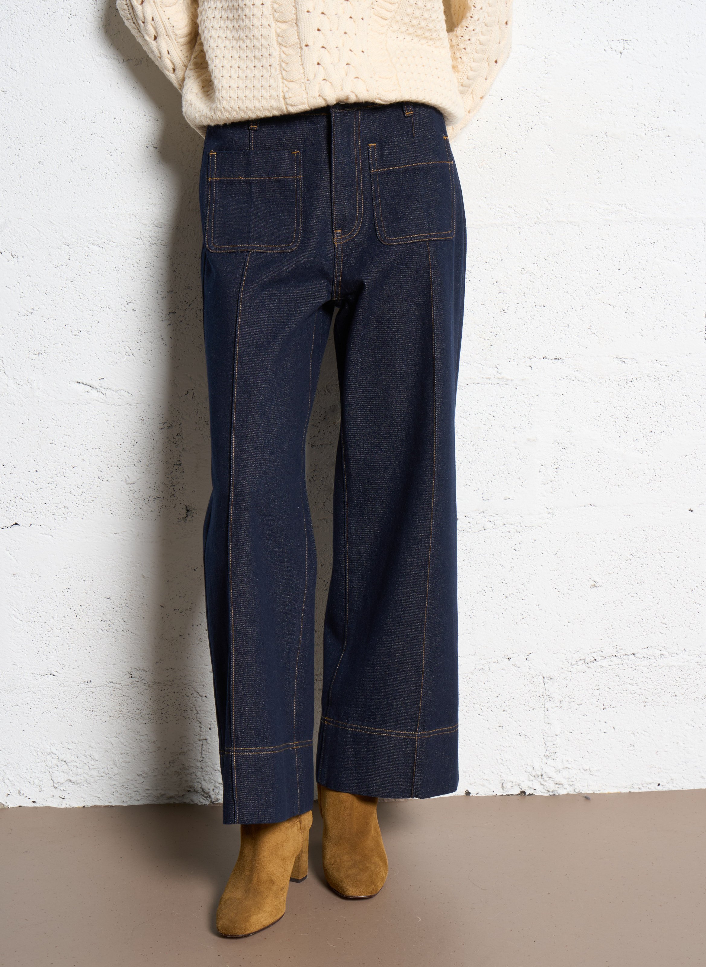 Jean taille haute large en denim brut SUNCOO Bleu