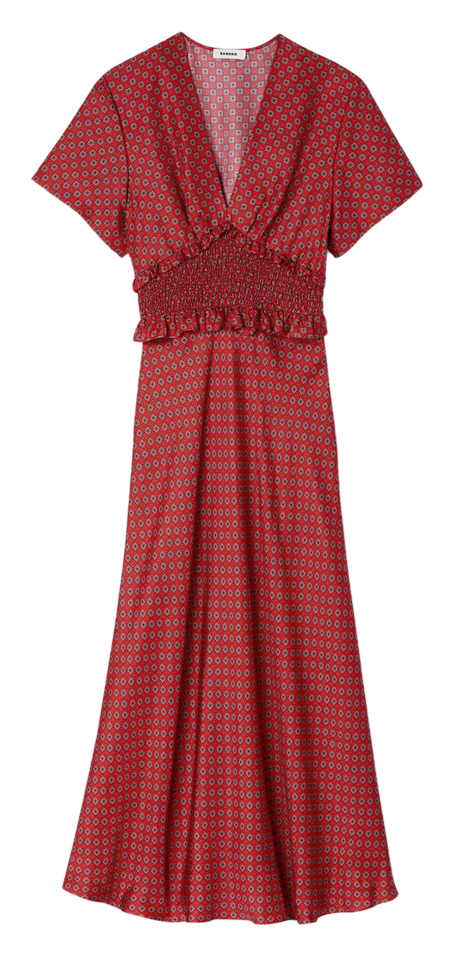 Robe longue col V cintrée à motifs SANDRO Rouge