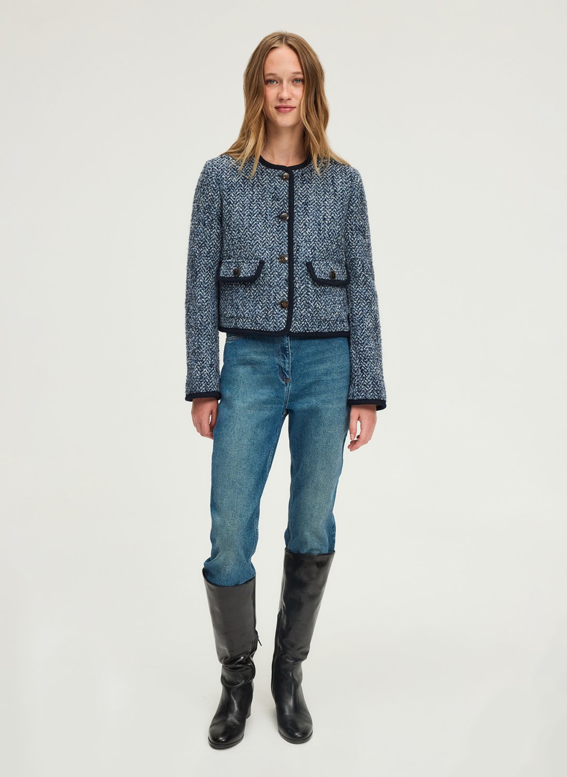 Straight round neck herringbone jacket PABLO Blue