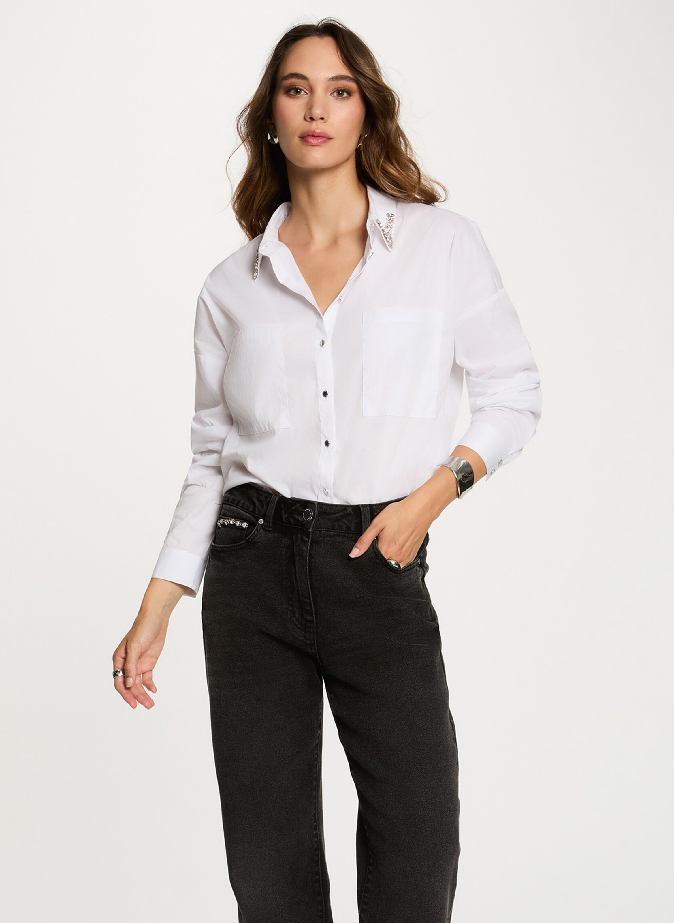 Blouse met klassieke kraag - katoenblend MORGAN Wit