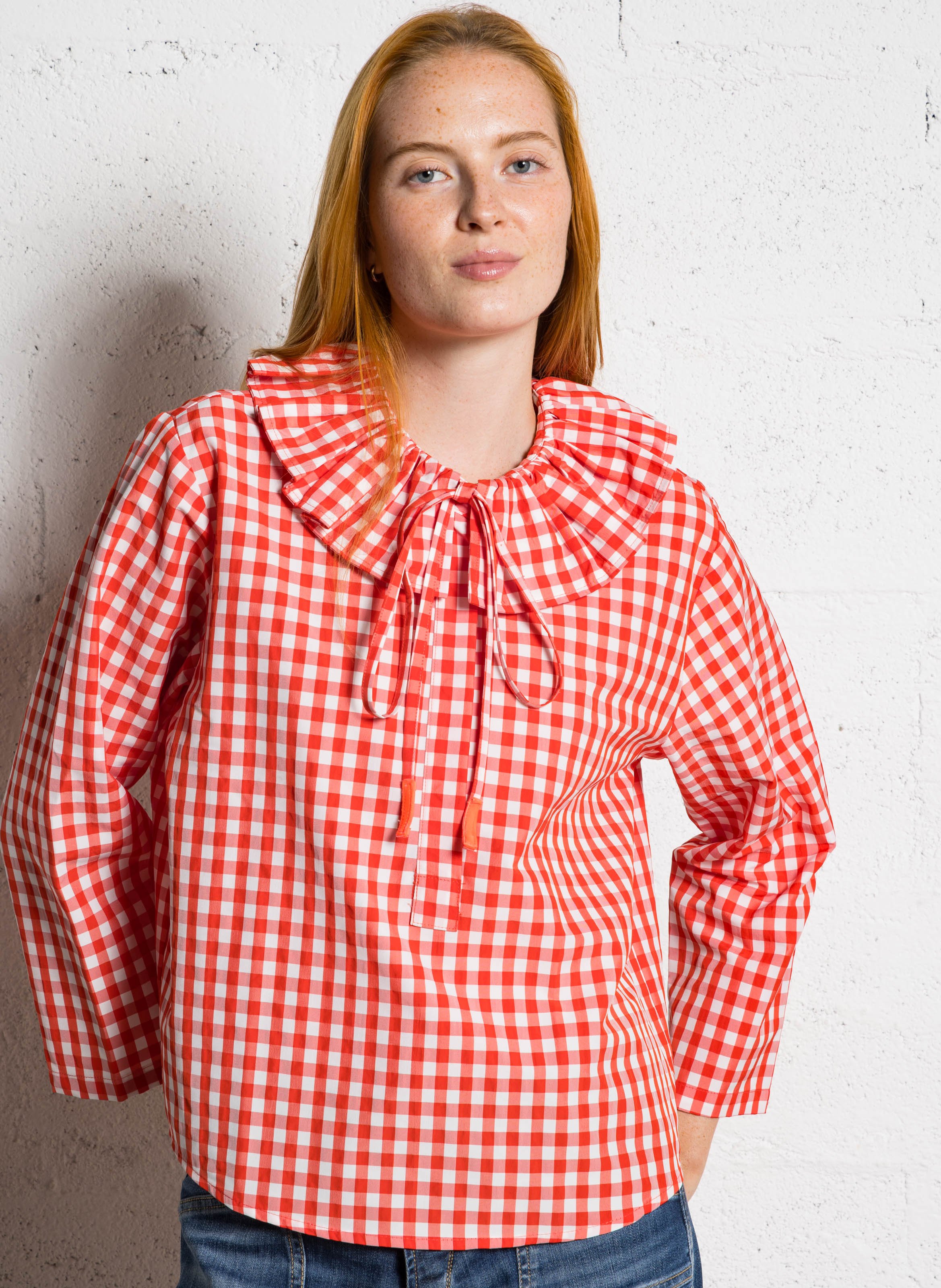 Straight-cut gingham print cotton blouse with Peter Pan collar DR BLOOM
