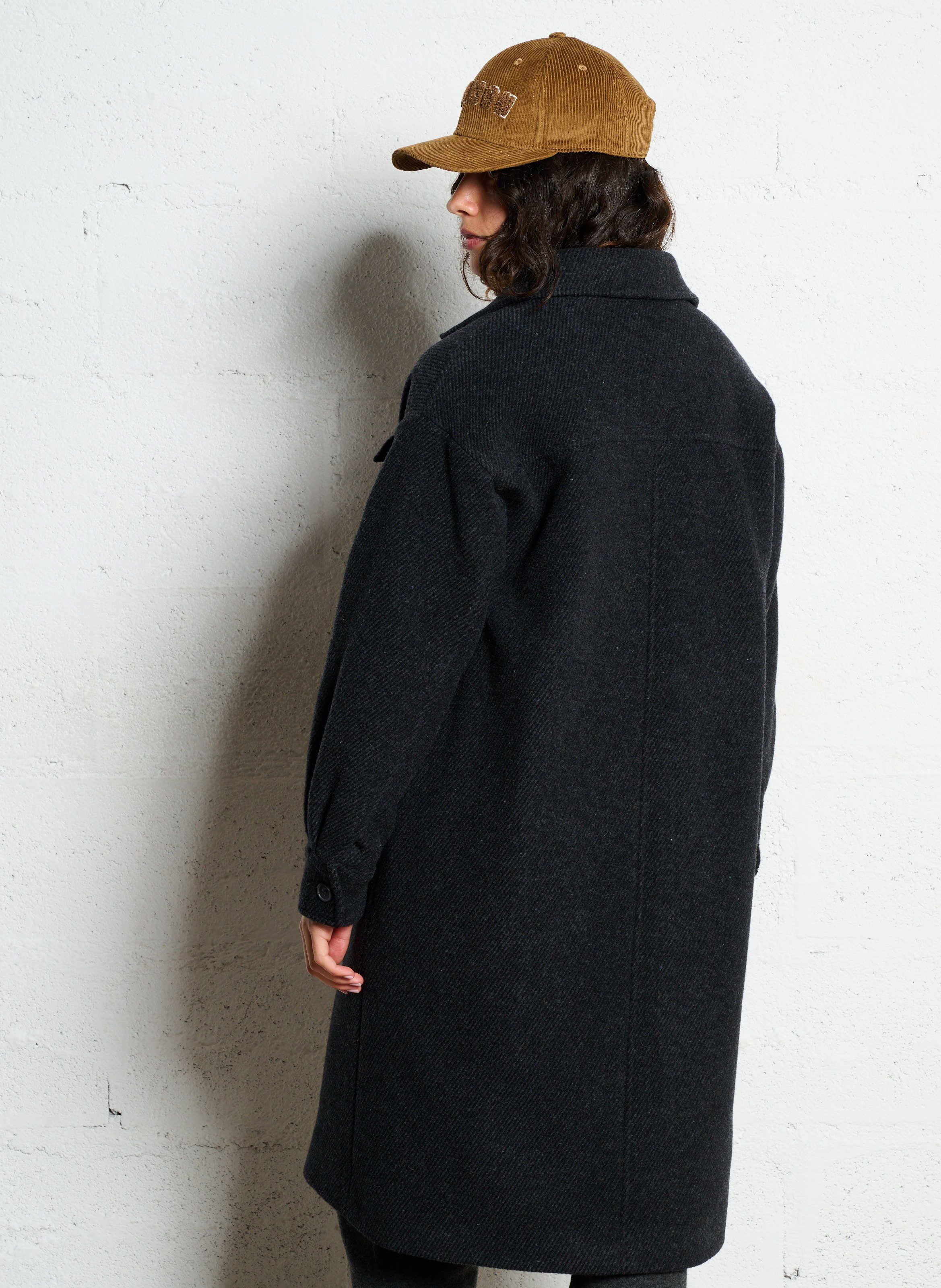 Straight coat with tailored collar in striped mixed wool. I CODE Grey