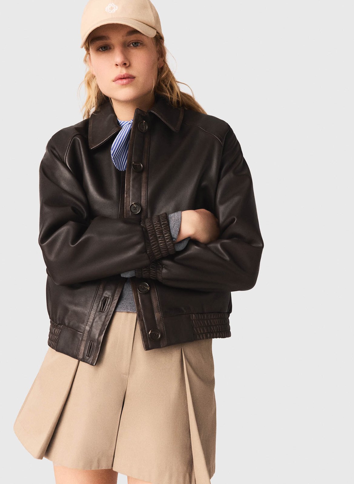 Straight buttoned leather jacket MAJE Brown