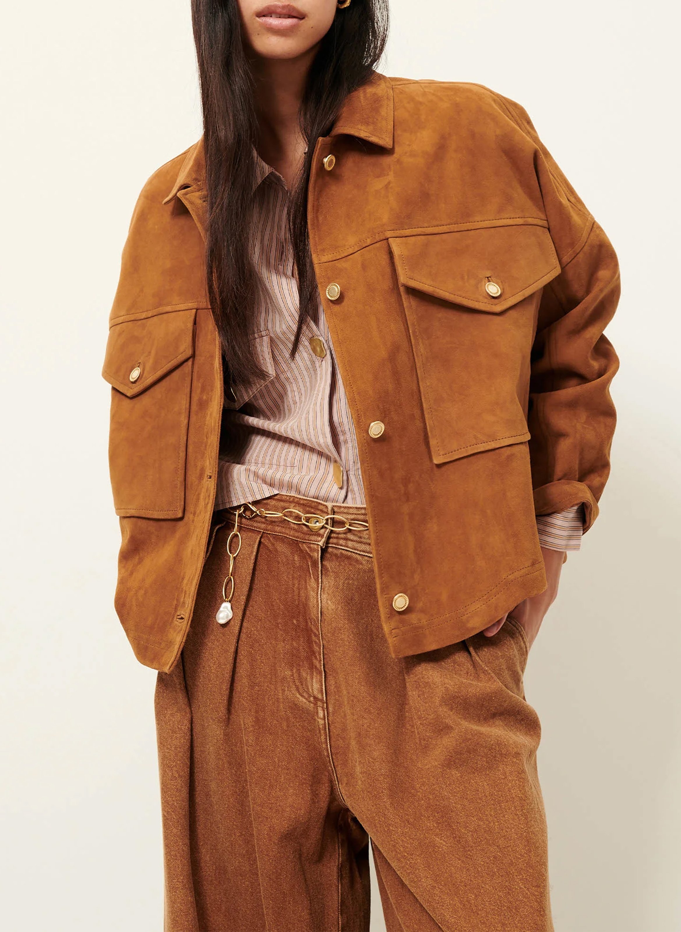 Straight jacket with classic collar in suede leather SESSUN Brown
