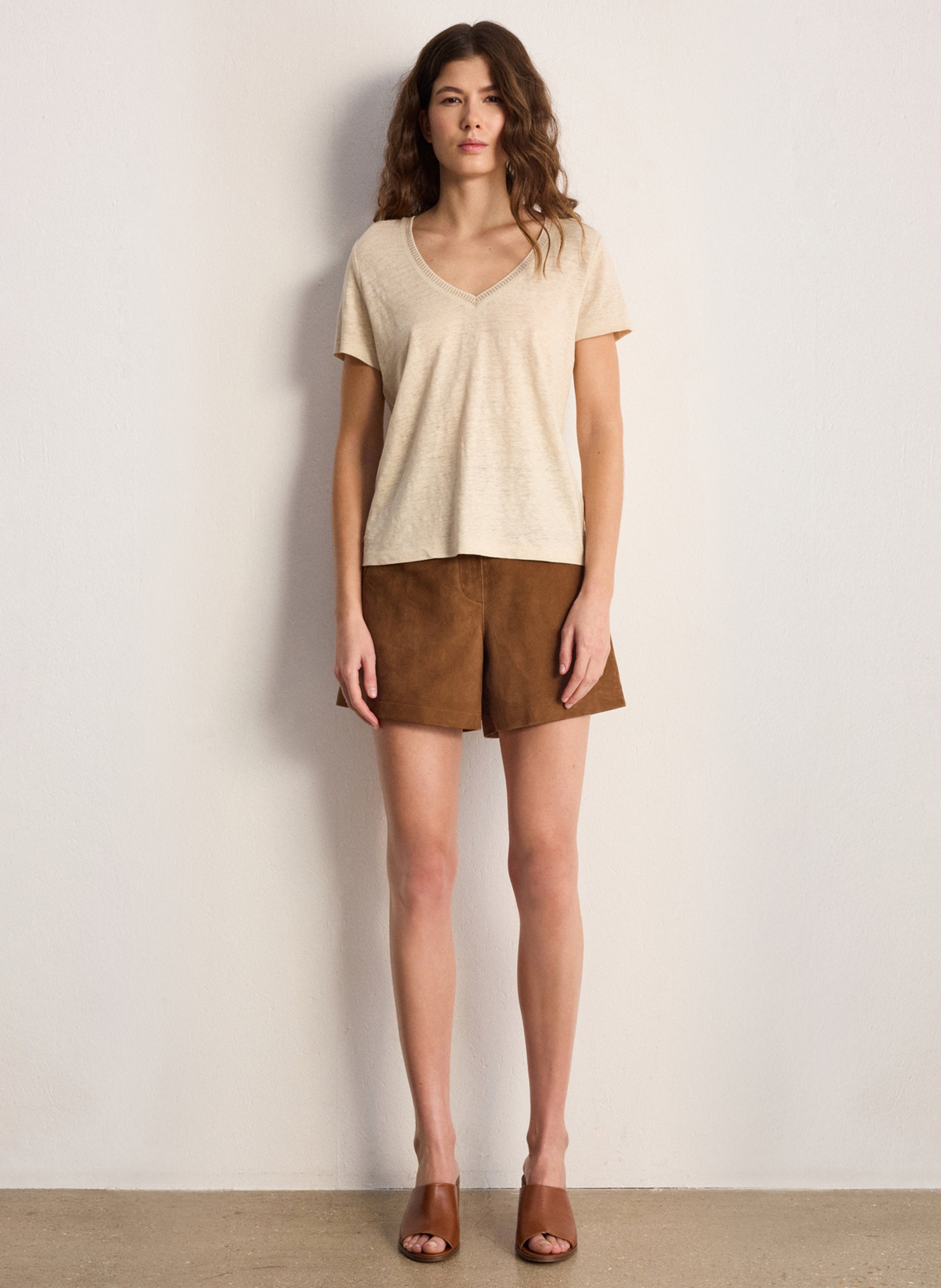 Tee-shirt droit col V en lin PABLO Beige