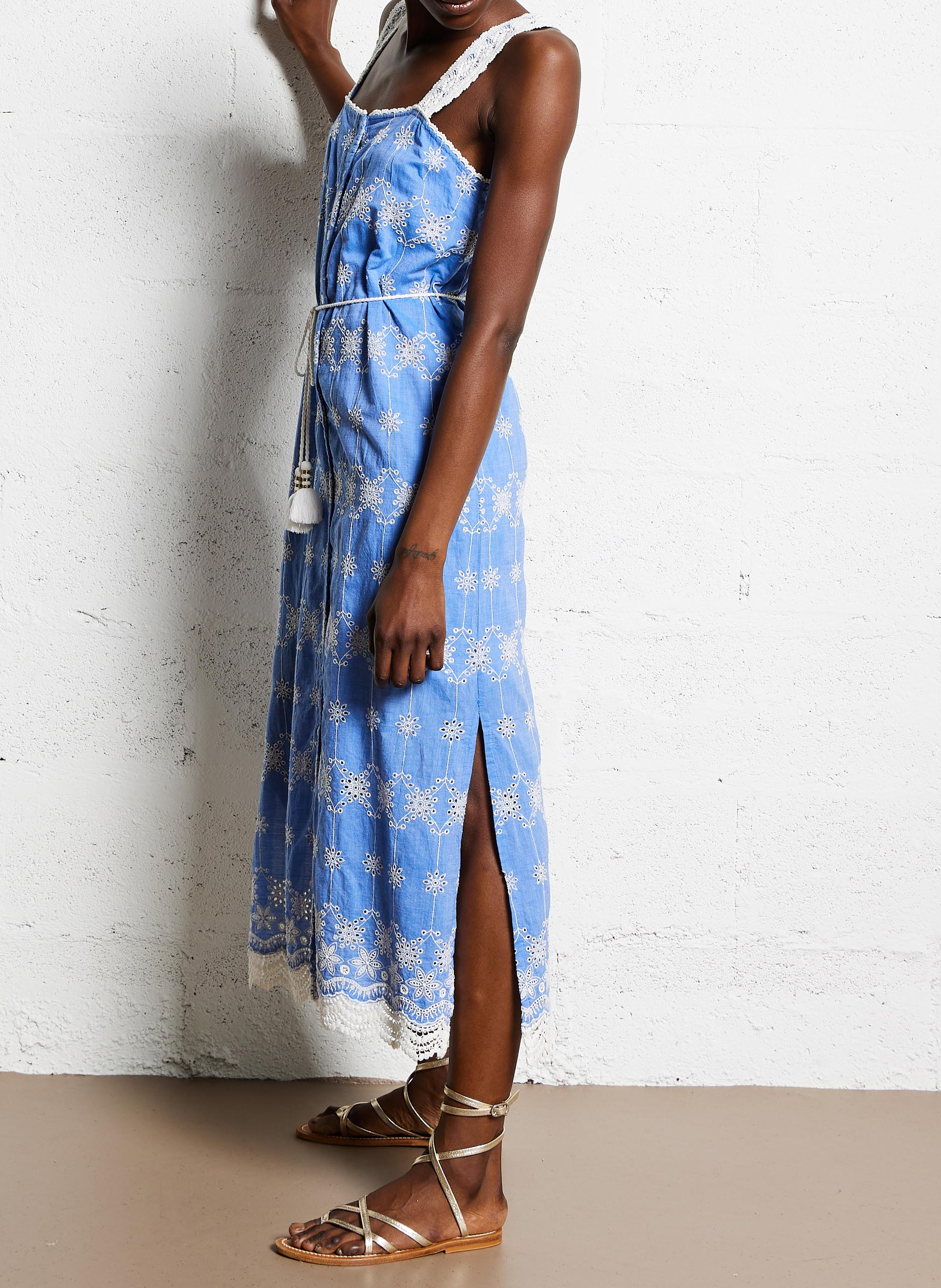 Square neck embroidered organic cotton midi dress LOUISE MISHA Blue