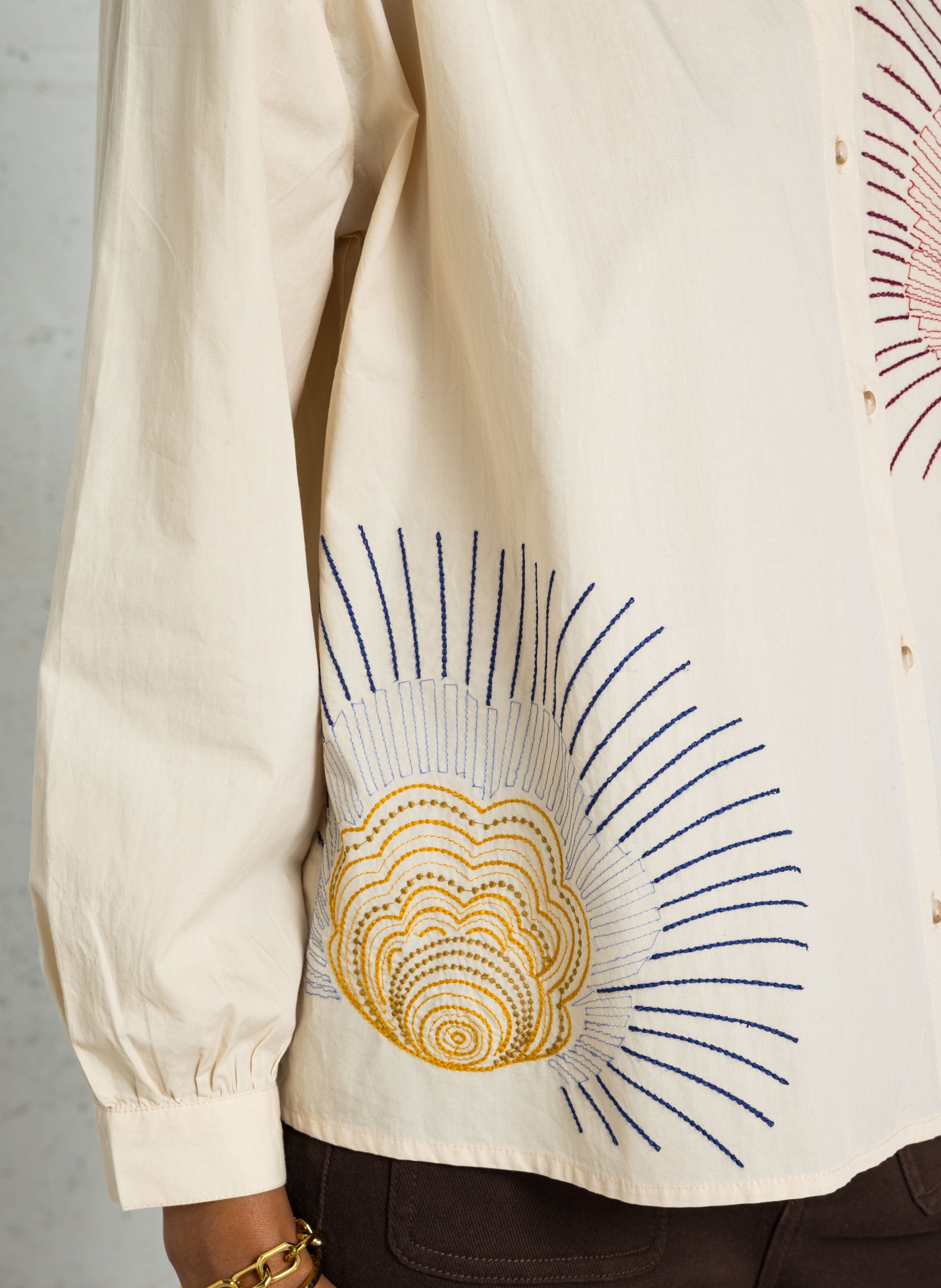 Straight printed organic cotton round-neck blouse SACRECOEUR Beige