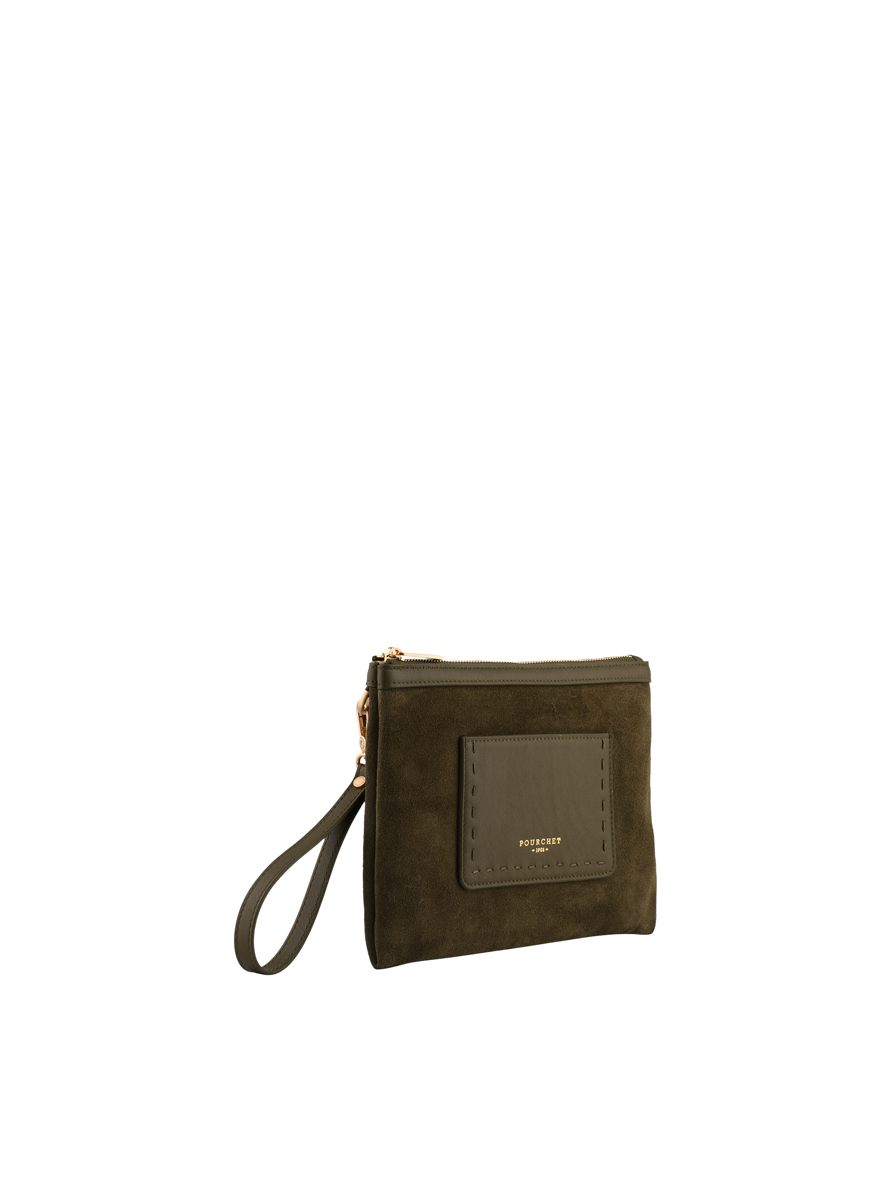 Suede cowhide leather clutch | Khaki POURCHET Women