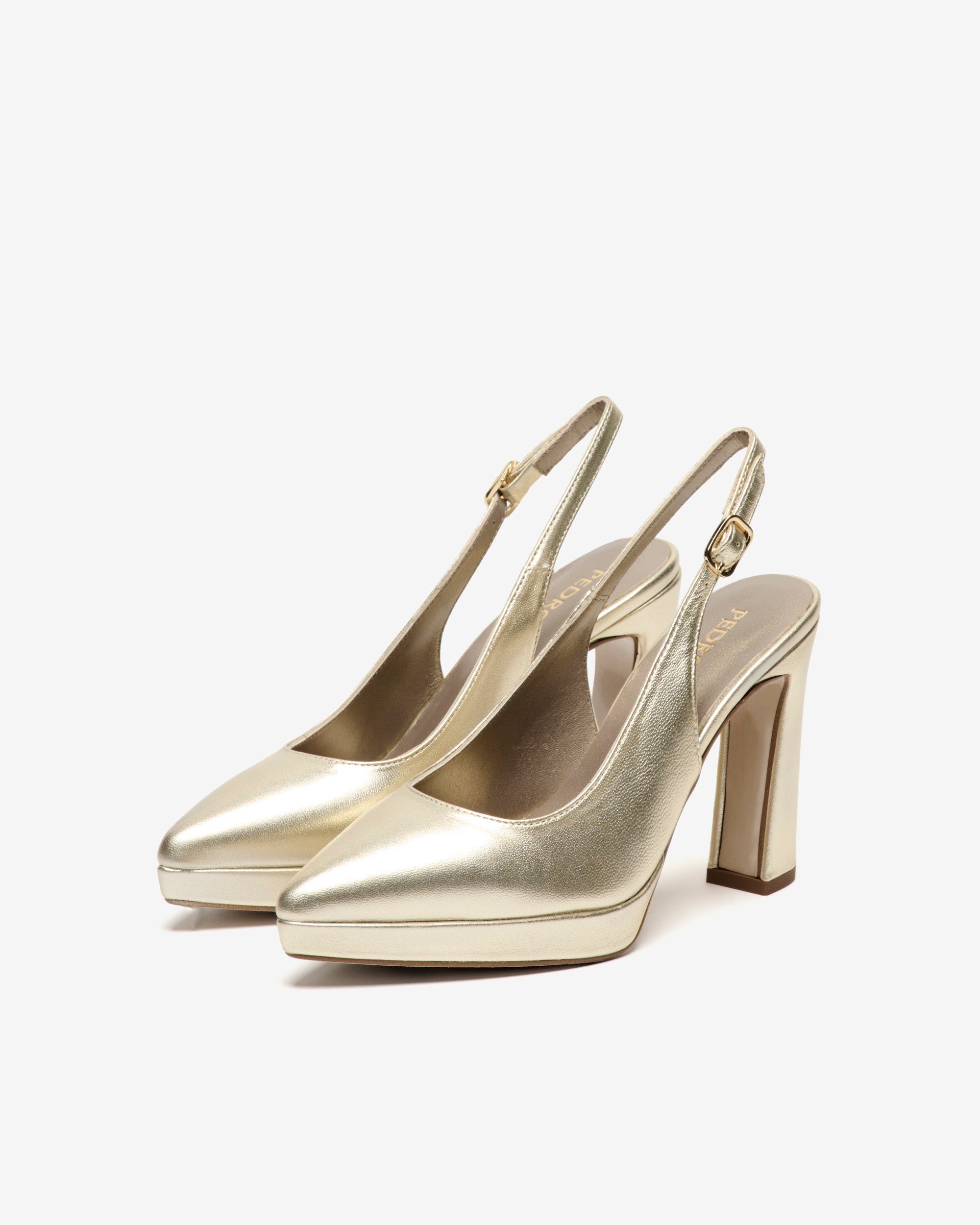 Back-strap metallic platinum leather pumps PEDRO MIRALLES Golden