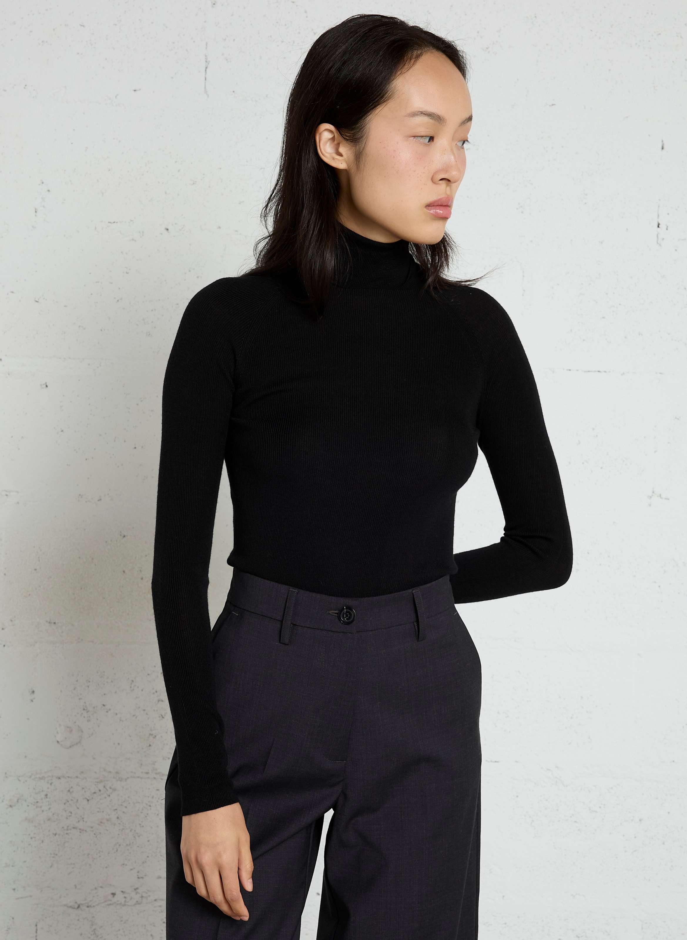 Ribbed turtleneck sweater in merino wool and silk MAJESTIC FILATURES Black