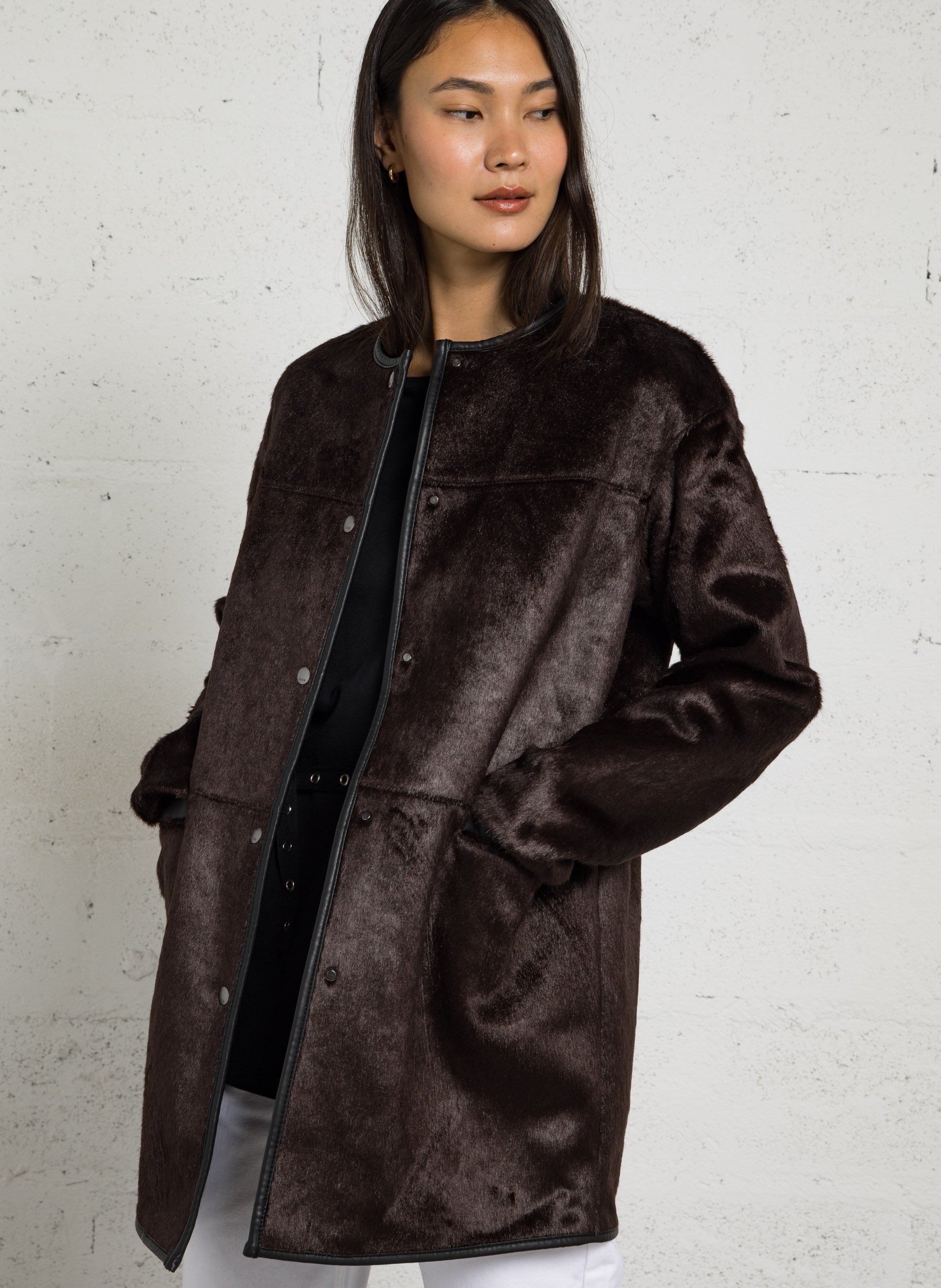 Loose-Fitting Mid-Length Faux Fur Coat IKKS Brown