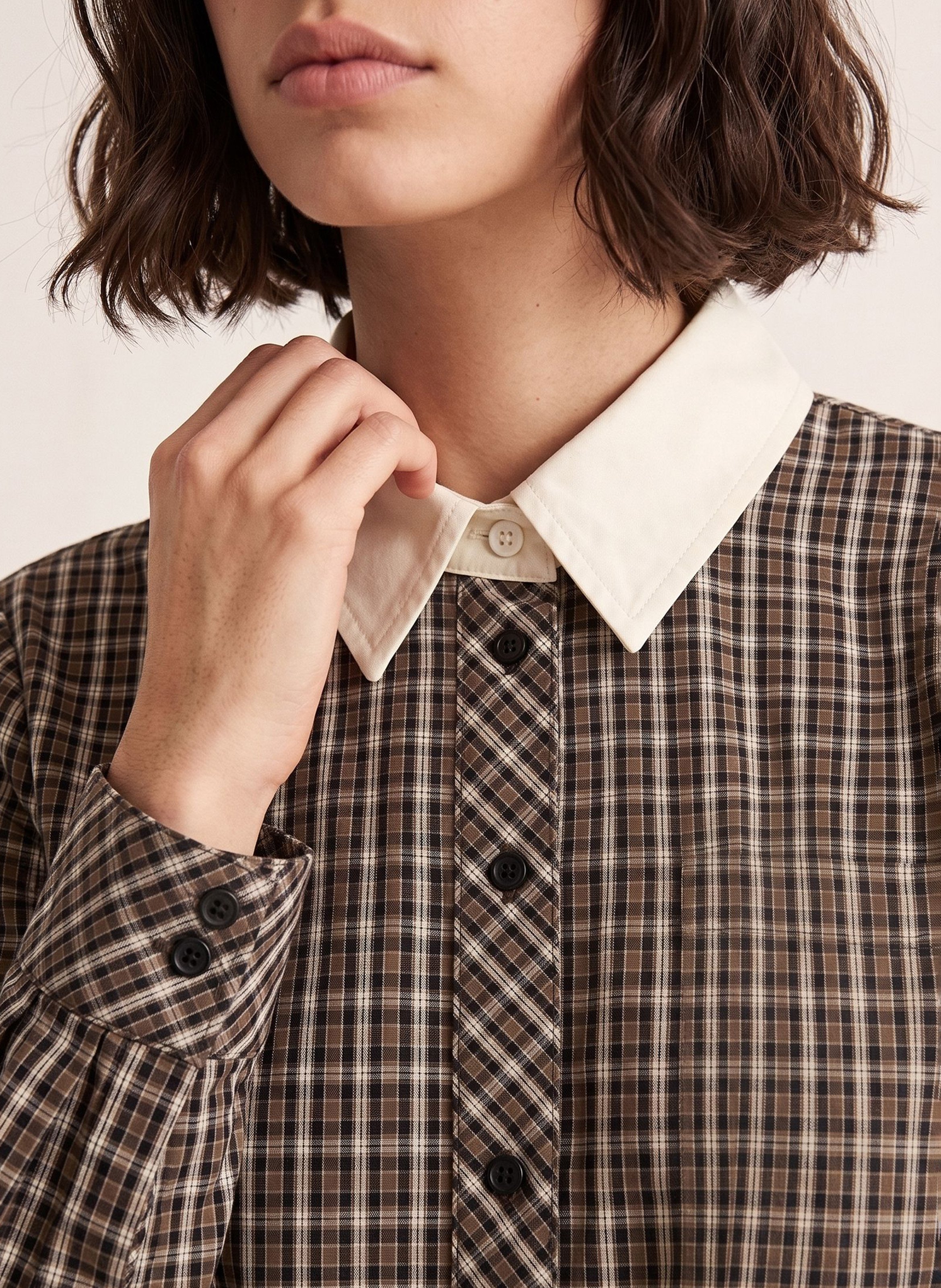 Chemise droite courte col classique à carreaux en coton KOOKAI Marron