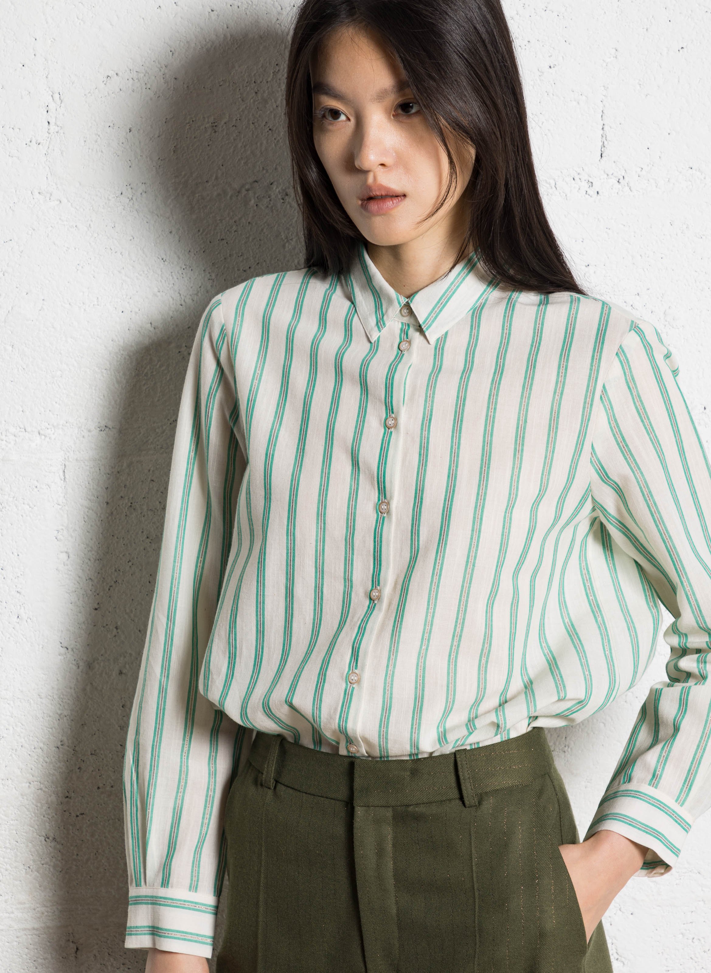 Chemise droite col classique à rayures métallisées ONE STEP Vert