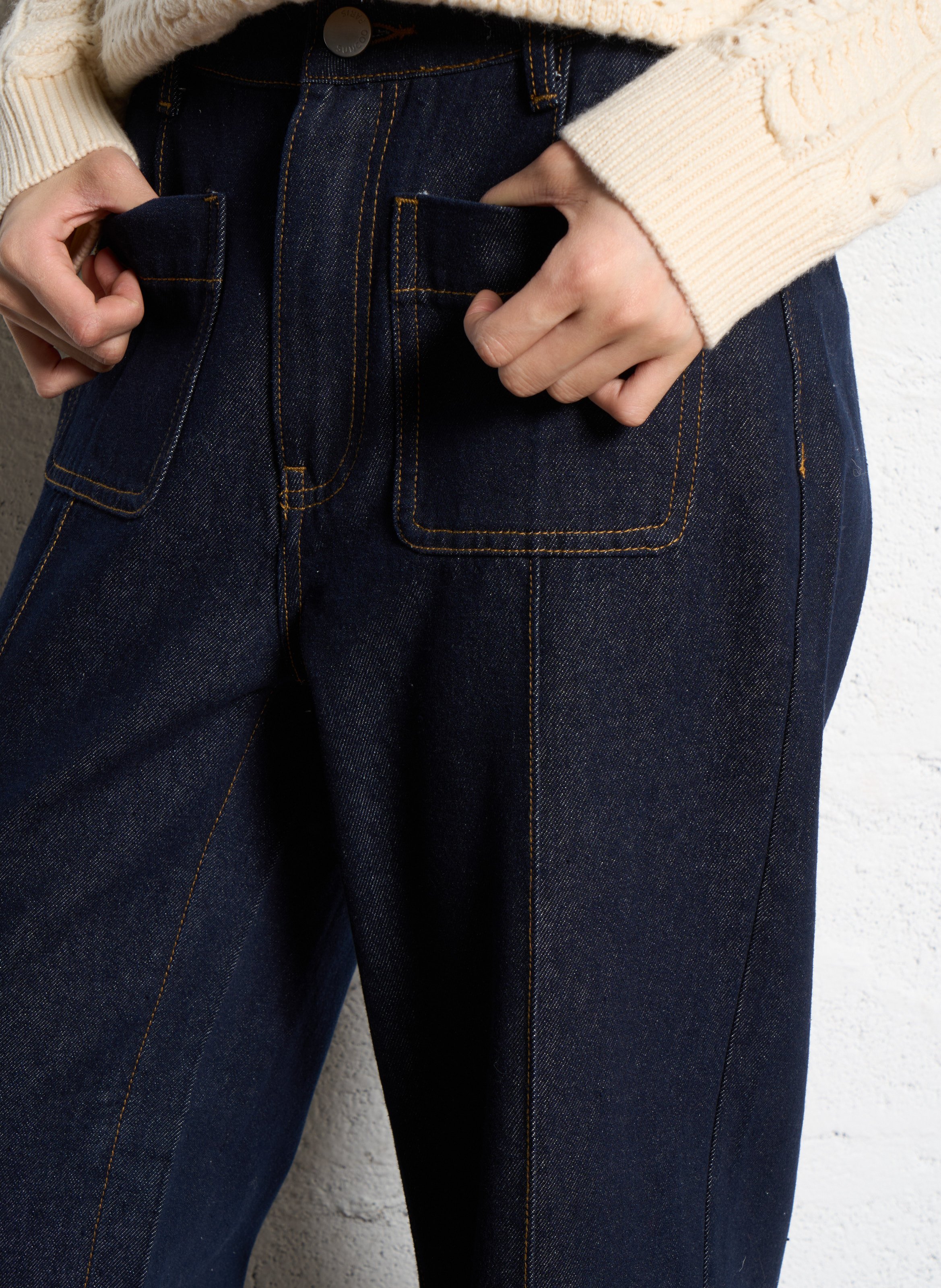 Jean taille haute large en denim brut SUNCOO Bleu