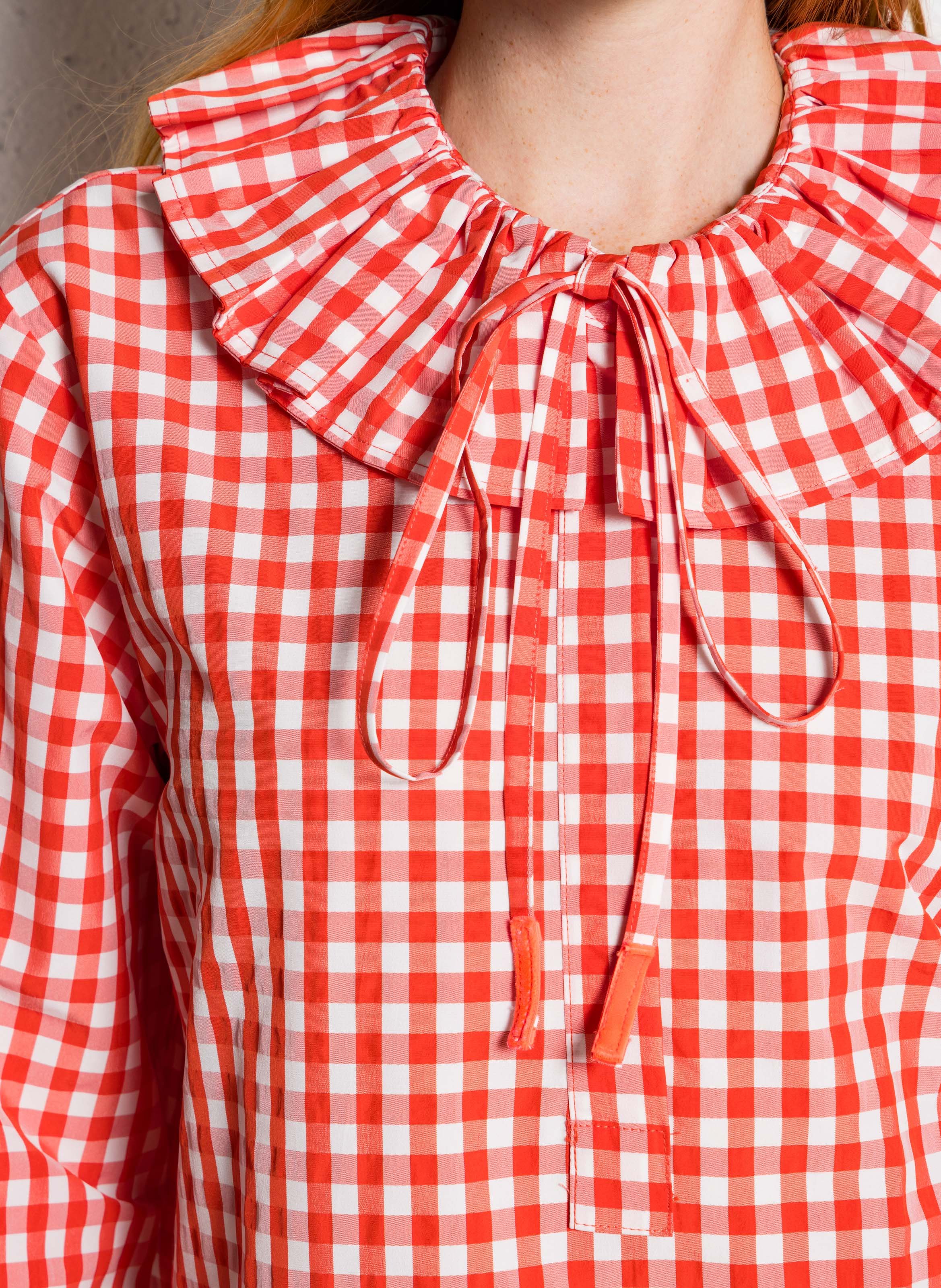 Blouse droite col claudine imprimée vichy en coton   DR BLOOM Rouge