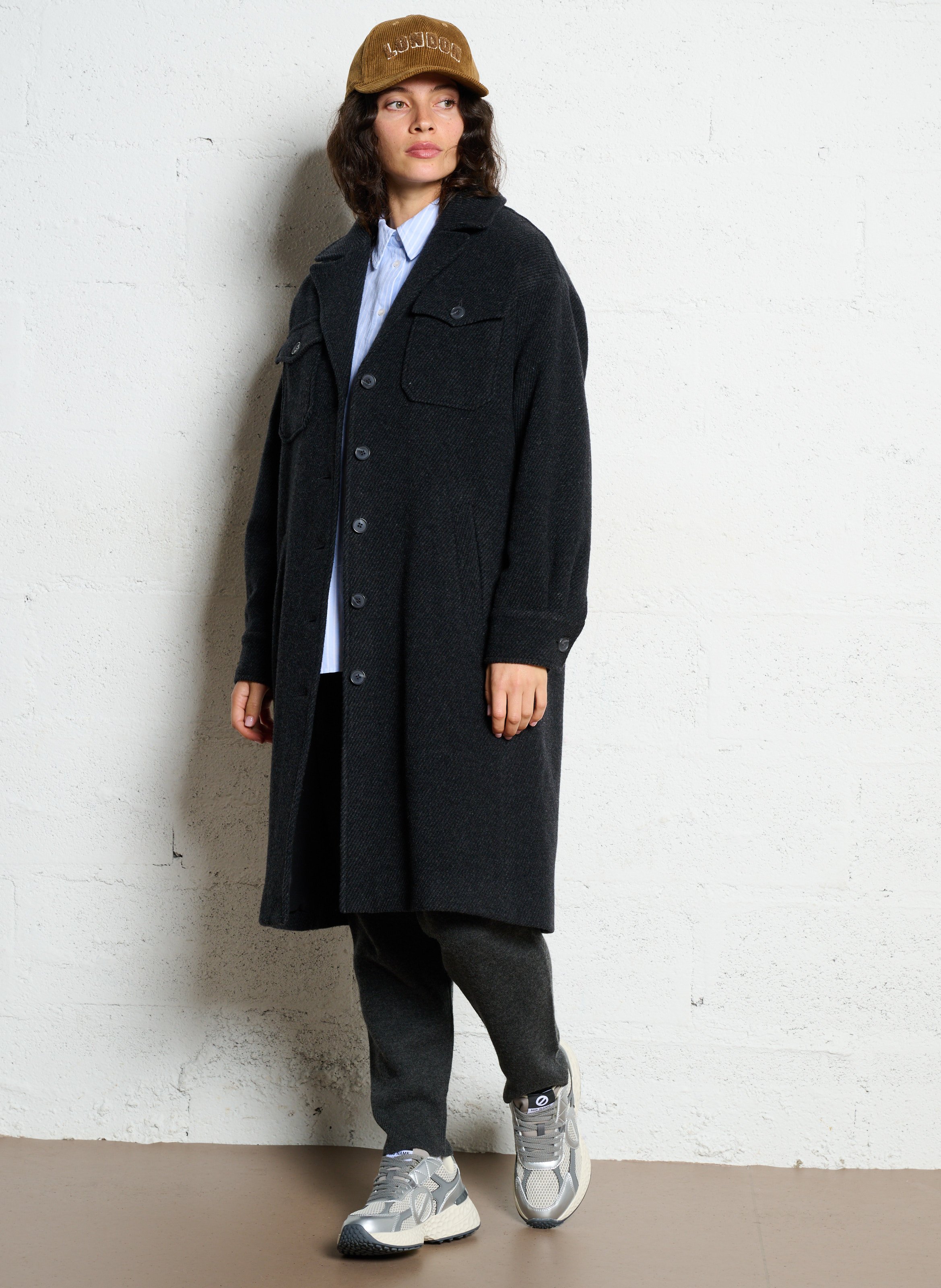 Straight coat with tailored collar in striped mixed wool. I CODE Grey