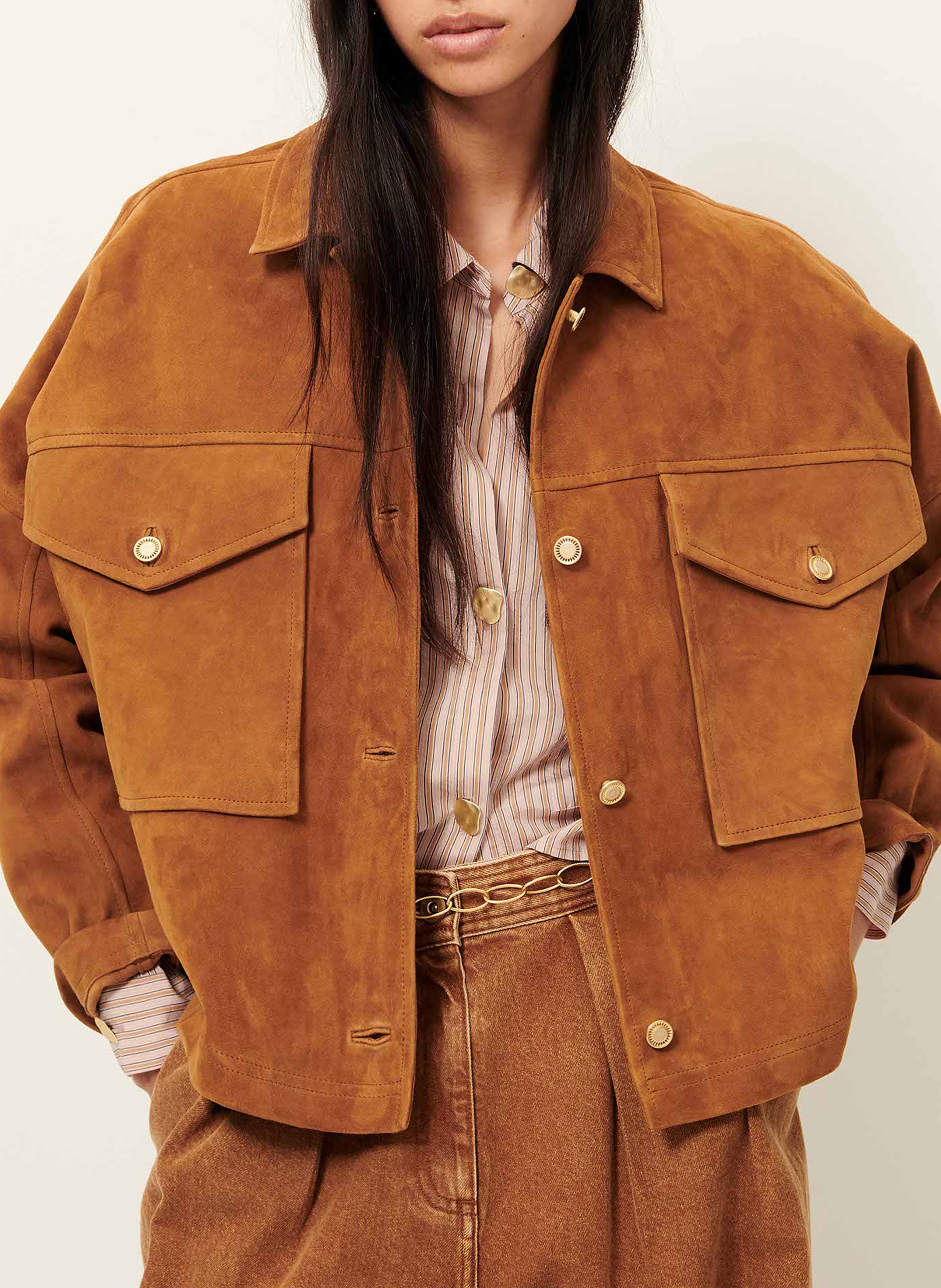 Straight jacket with classic collar in suede leather SESSUN Brown