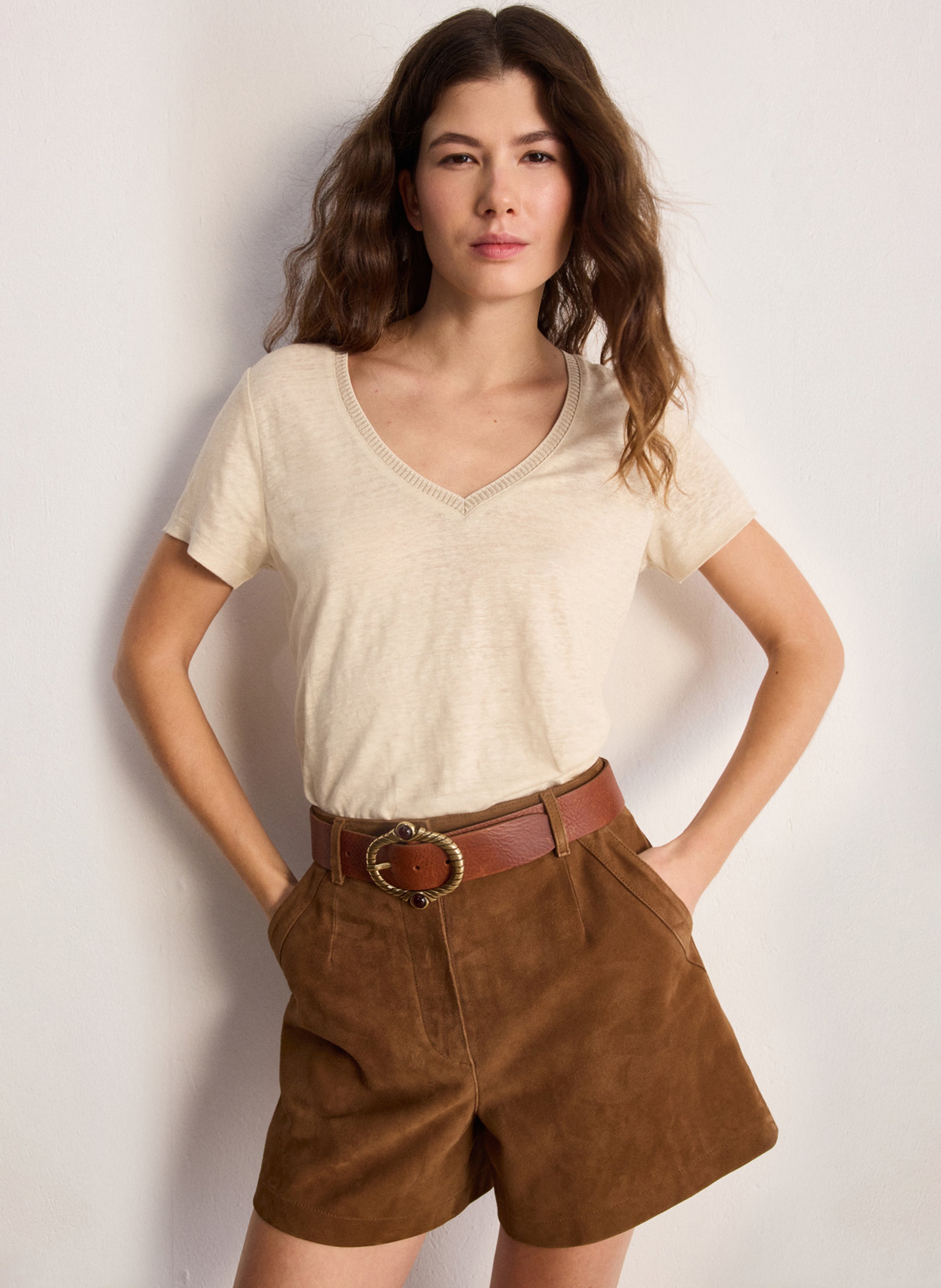 Tee-shirt droit col V en lin PABLO Beige