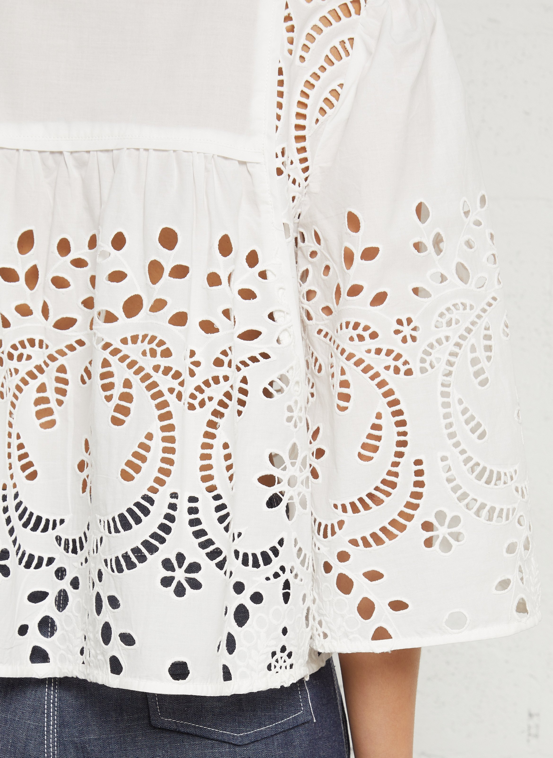 Bestickte Baumwollbluse mit Rundhalsausschnitt SEE U SOON Weiss