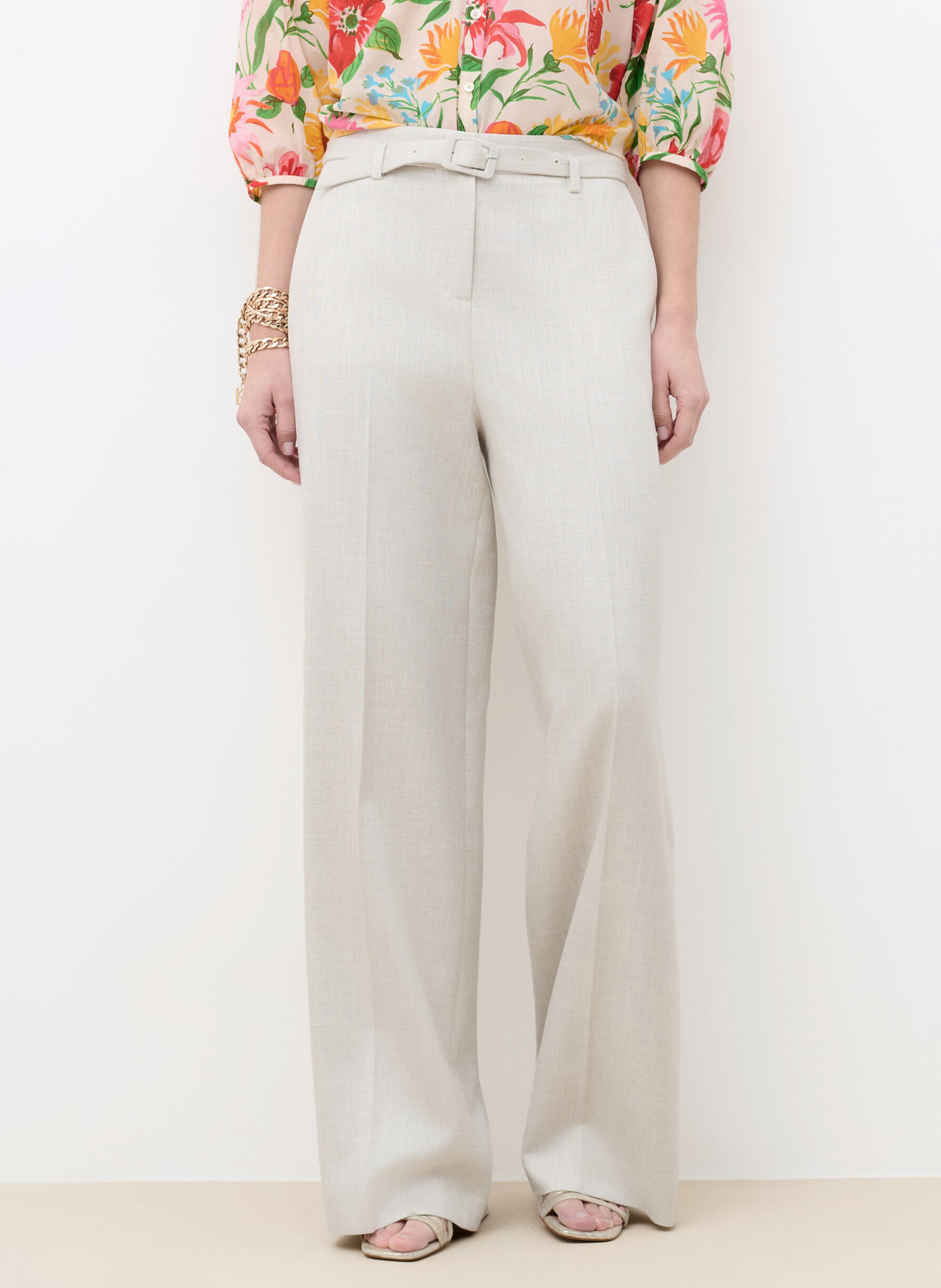 Pantalon tailleur large ceinturé uni  CAROLL Beige