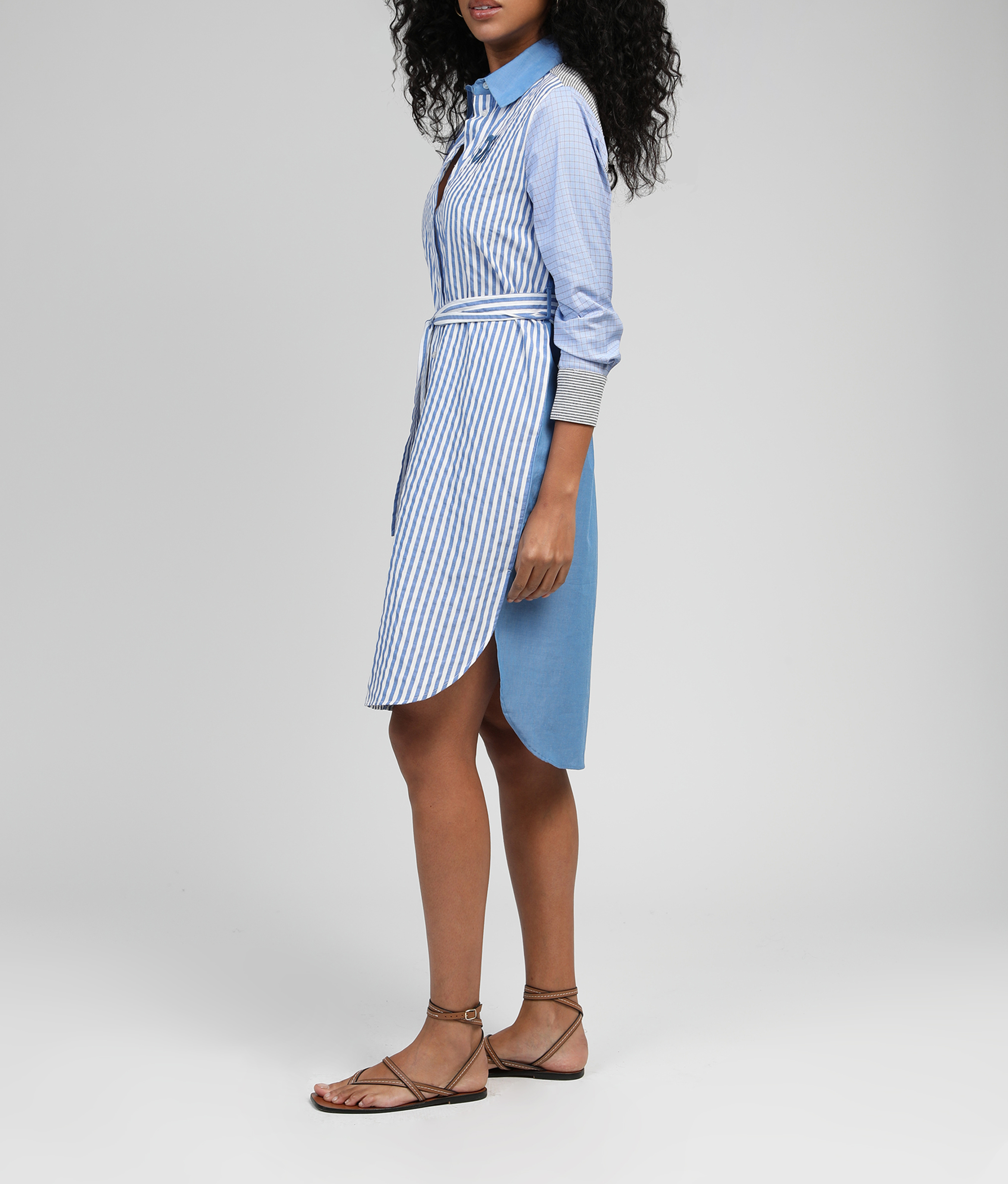 Striped midi shirt dress with belt AN'GE Blue