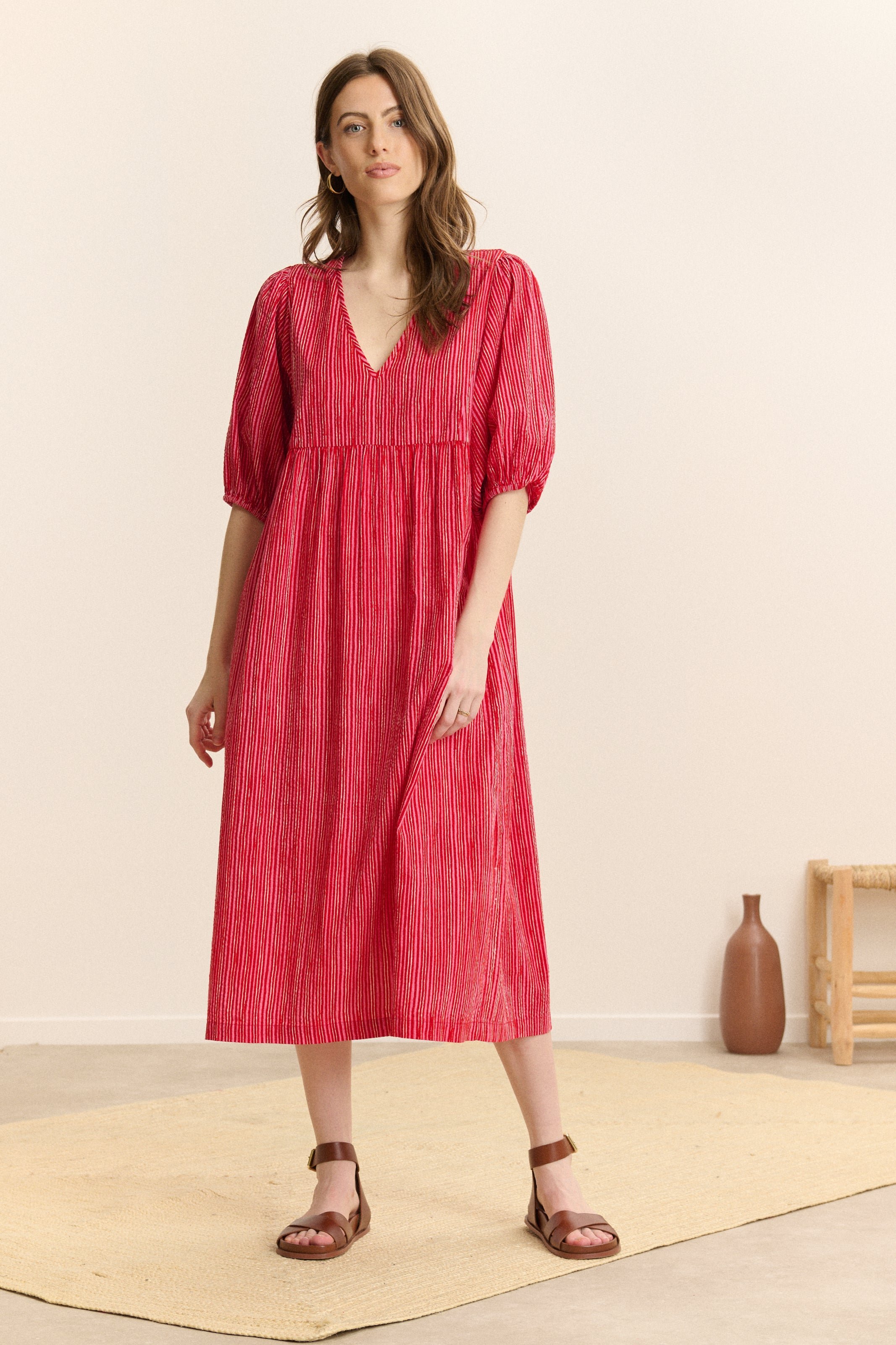 Robe midi à rayures manches 3/4 GARANCE PARIS Rose