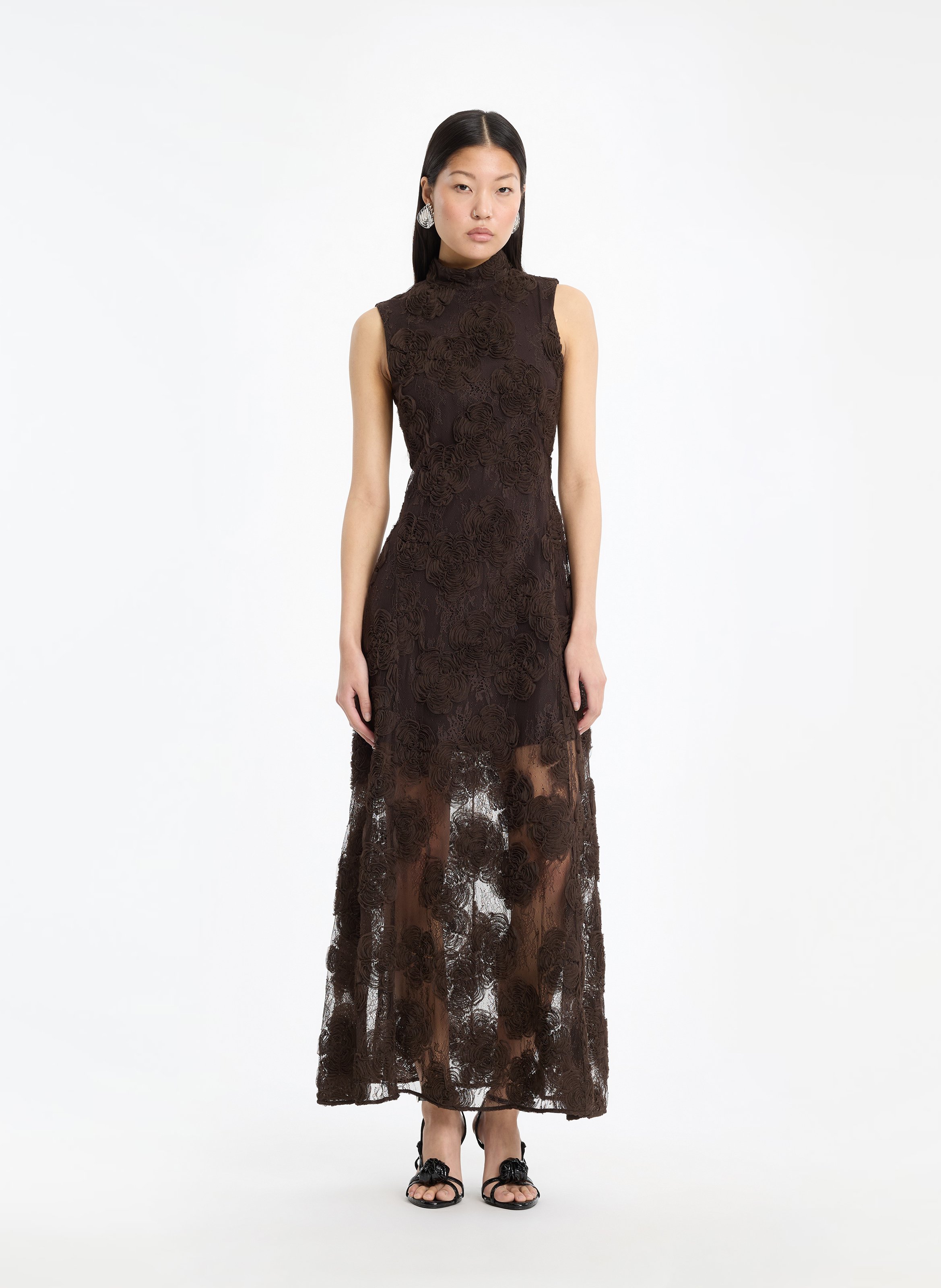 Langes Spitzenkleid ROTATE Braun