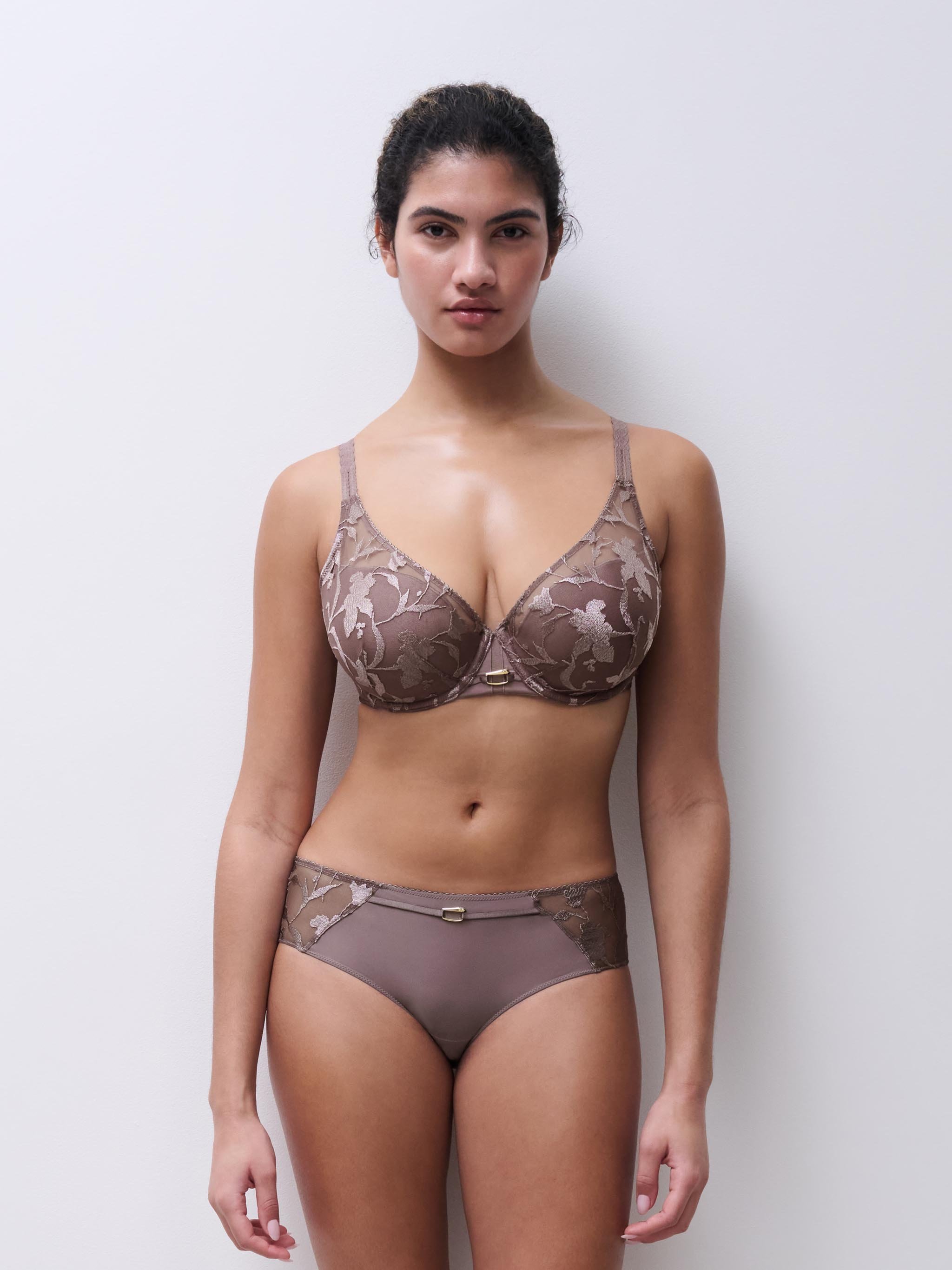 Plunging spacer bra with floral embroidery. CHANTELLE Brown