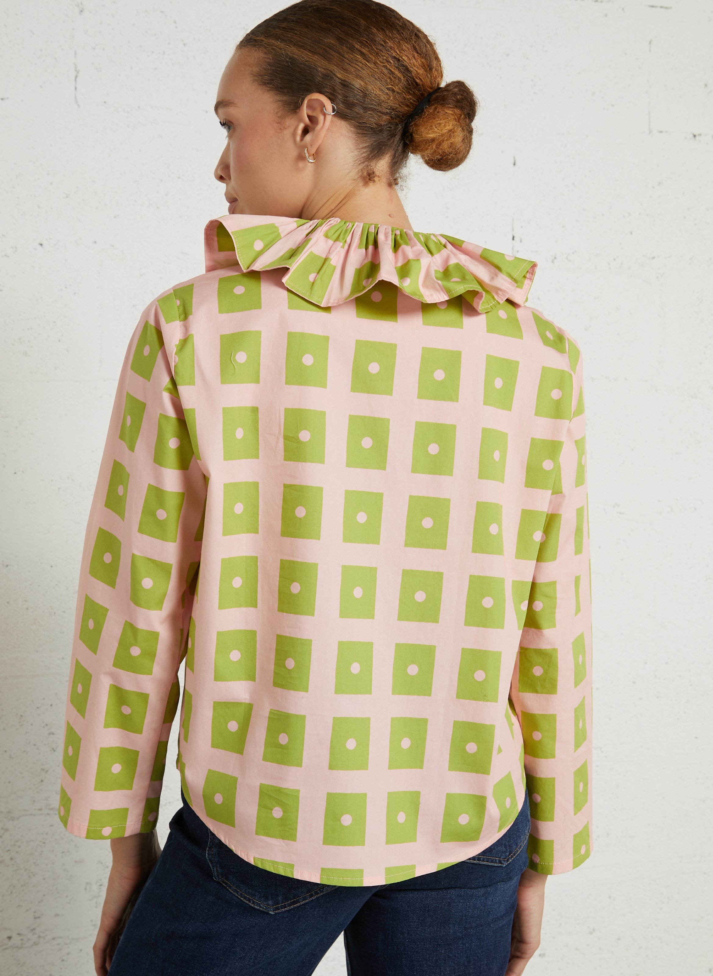 Gerade geschnittene Baumwollbluse mit Bubikragen und Vichy-Print DR BLOOM Golden