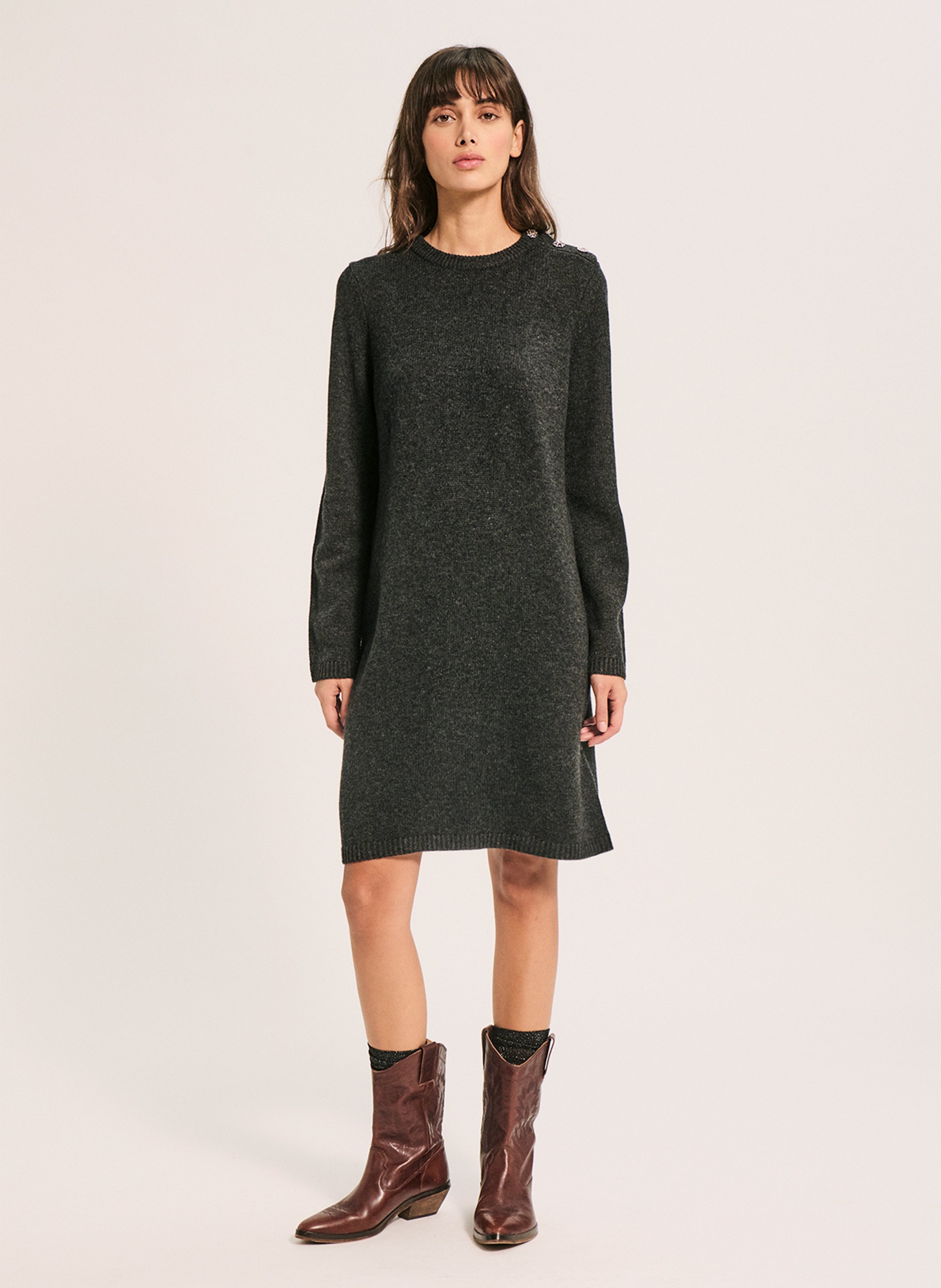 Robe col rond unie en laine PABLO Gris