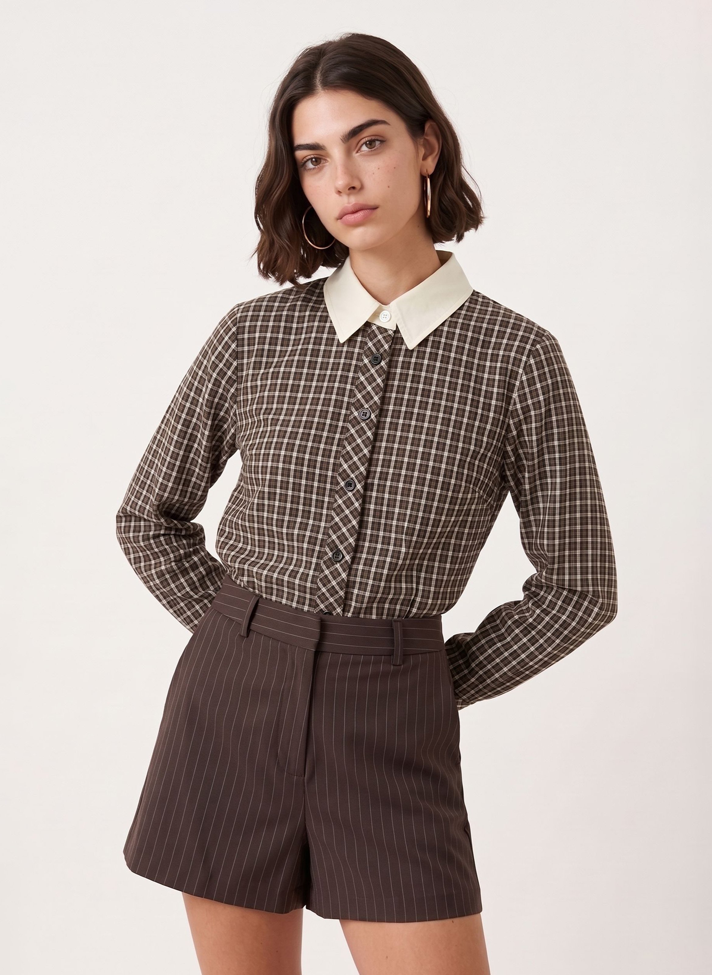 Chemise droite courte col classique à carreaux en coton KOOKAI Marron