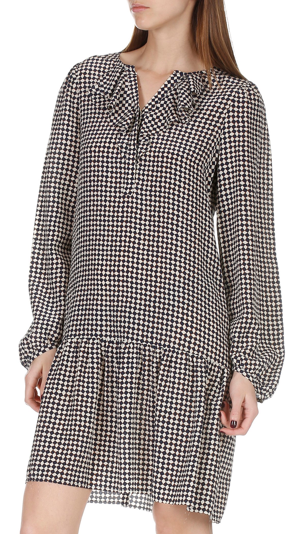 Short silk dress with ruffles and graphic print  ATTIC AND BARN Blue