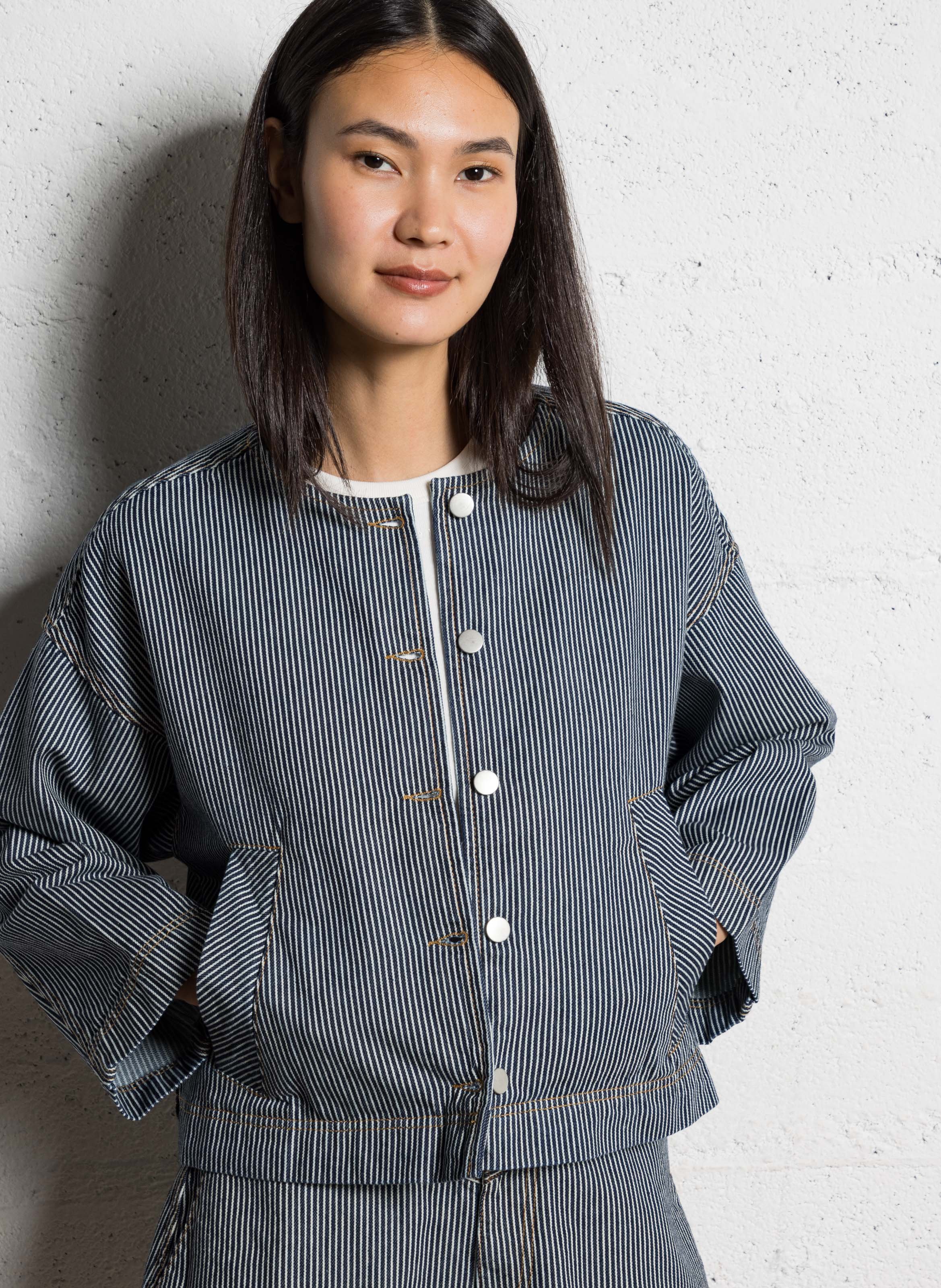 Oversized round neck cotton jacket THE TINY BIG SISTER Blue