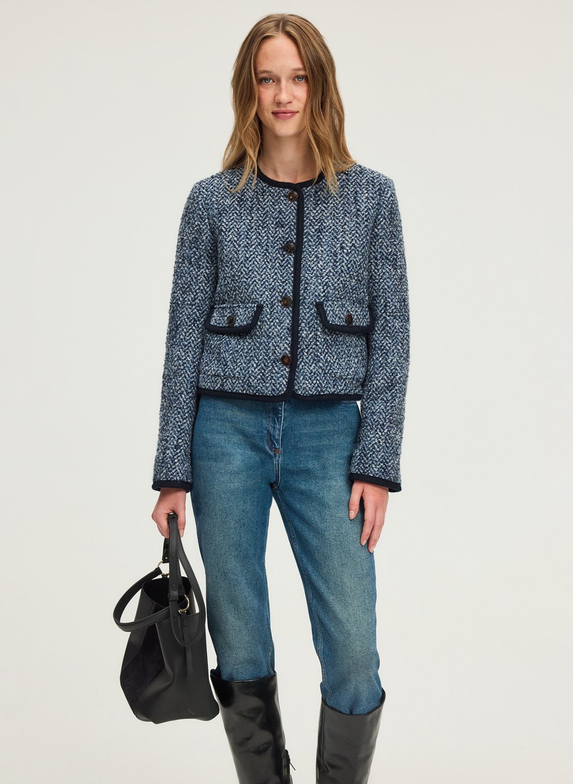 Straight round neck herringbone jacket PABLO Blue