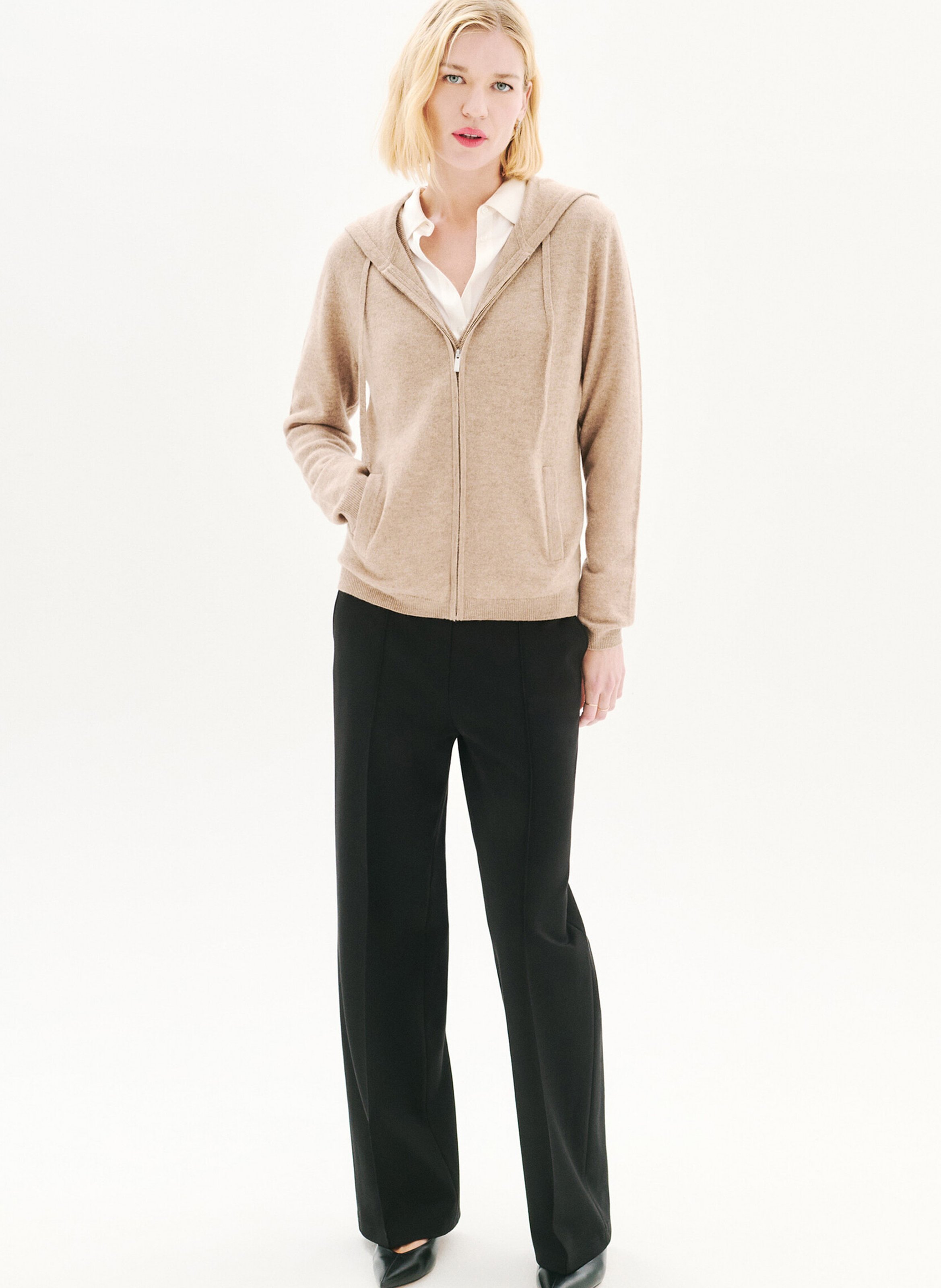 Straight wool and cashmere hooded cardigan CAROLL Brown