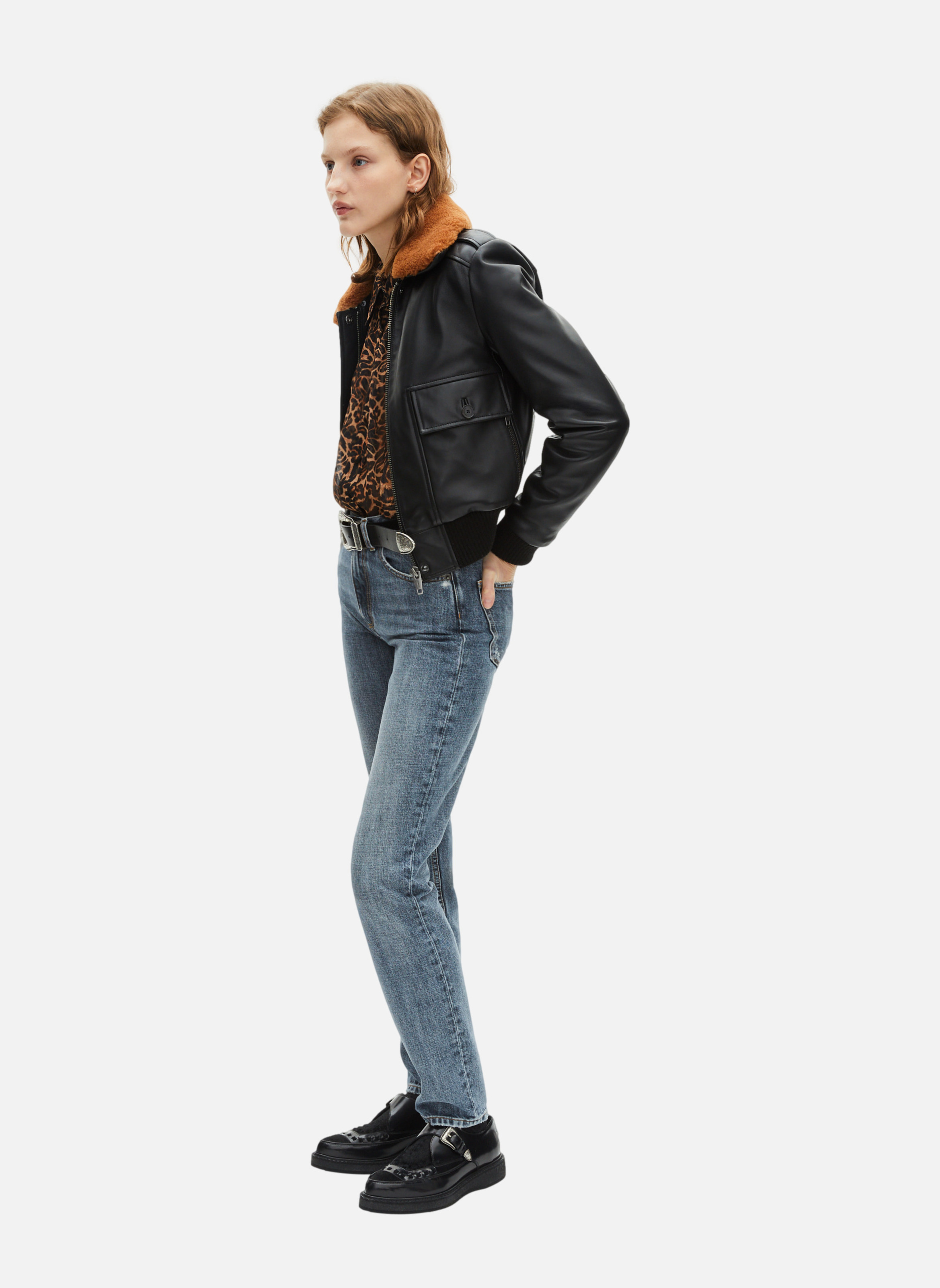 Leather jacket with sherpa collar THE KOOPLES Black