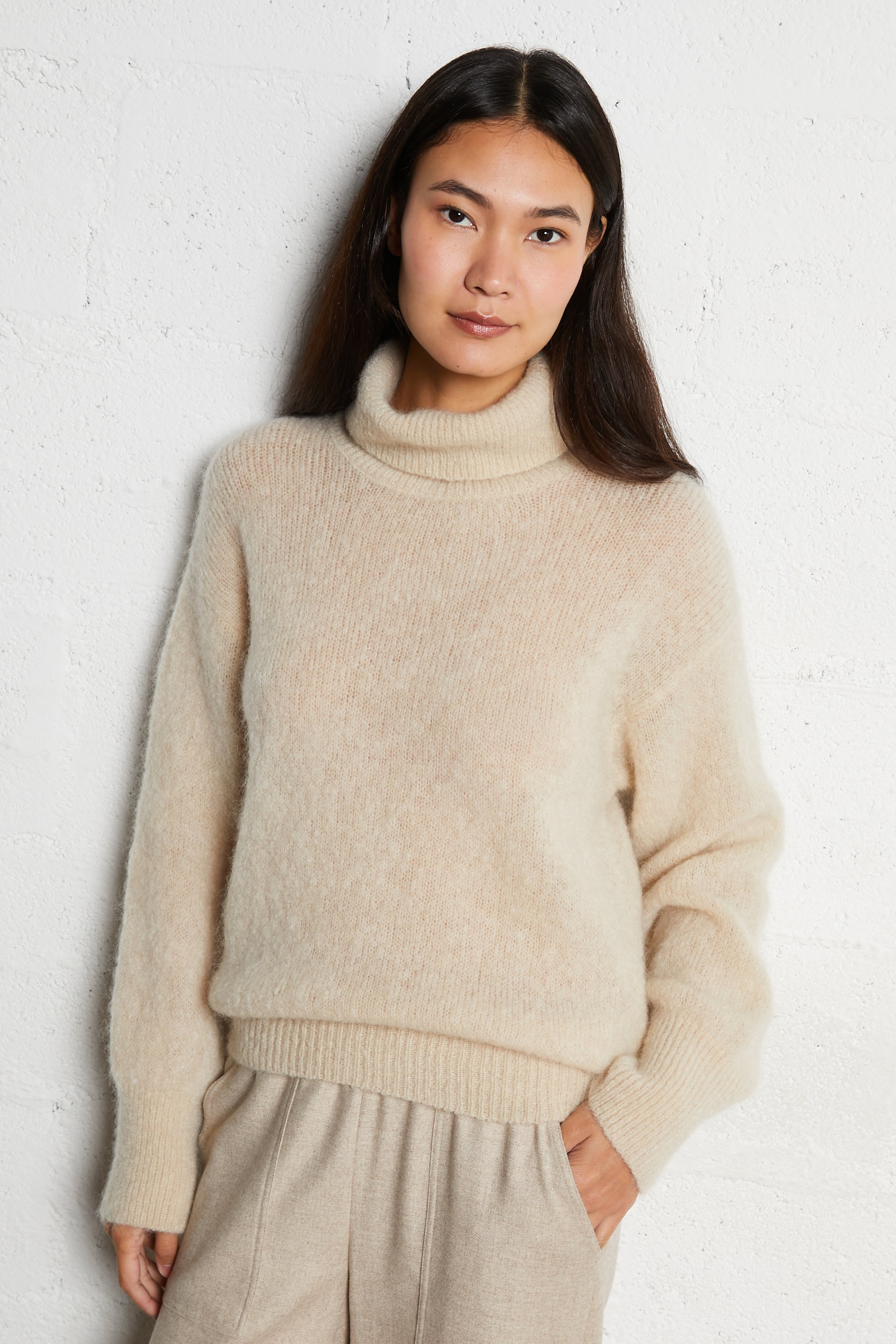 Pull ample col roulé en laine mélangée POMANDERE Beige