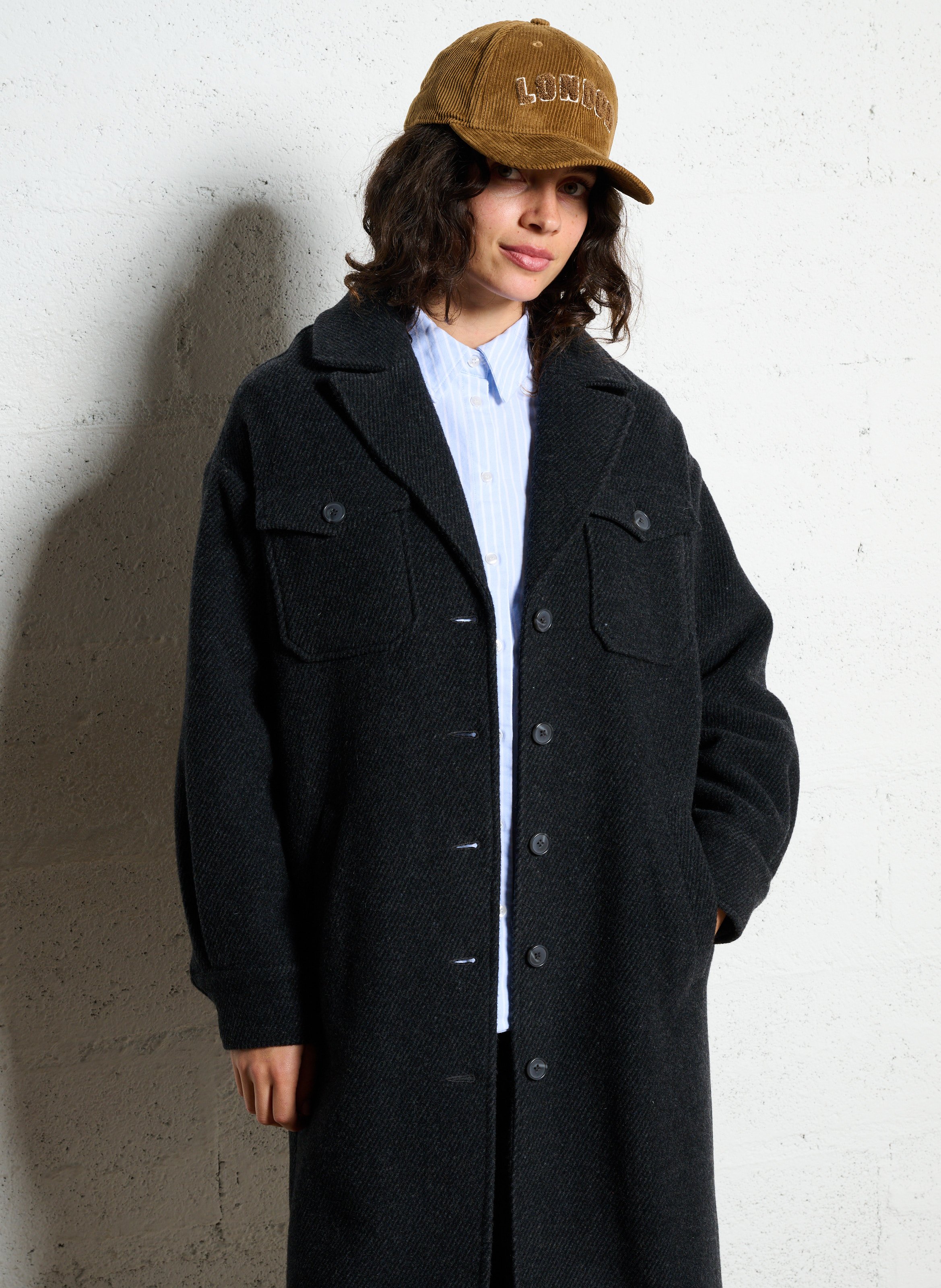 Straight coat with tailored collar in striped mixed wool. I CODE Grey