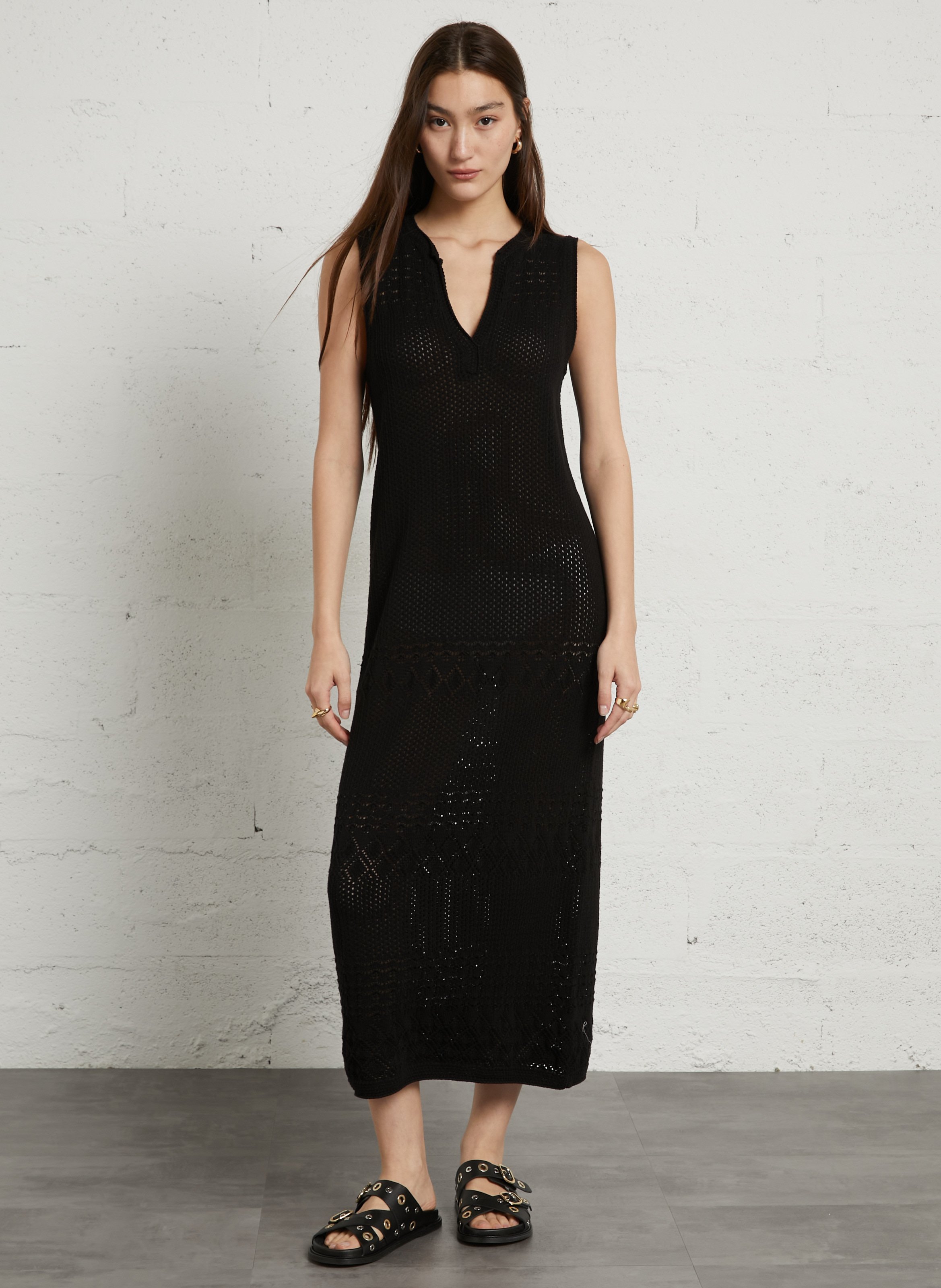Long cotton V-neck dress SUD EXPRESS Black