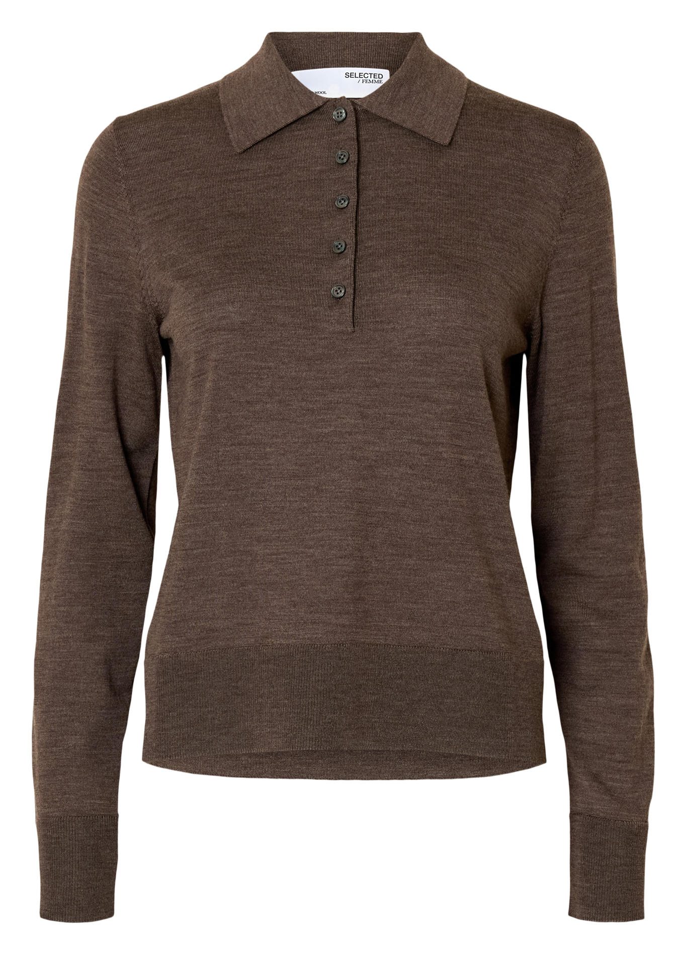 Langarm-Poloshirt aus melierter Wolle SELECTED Braun