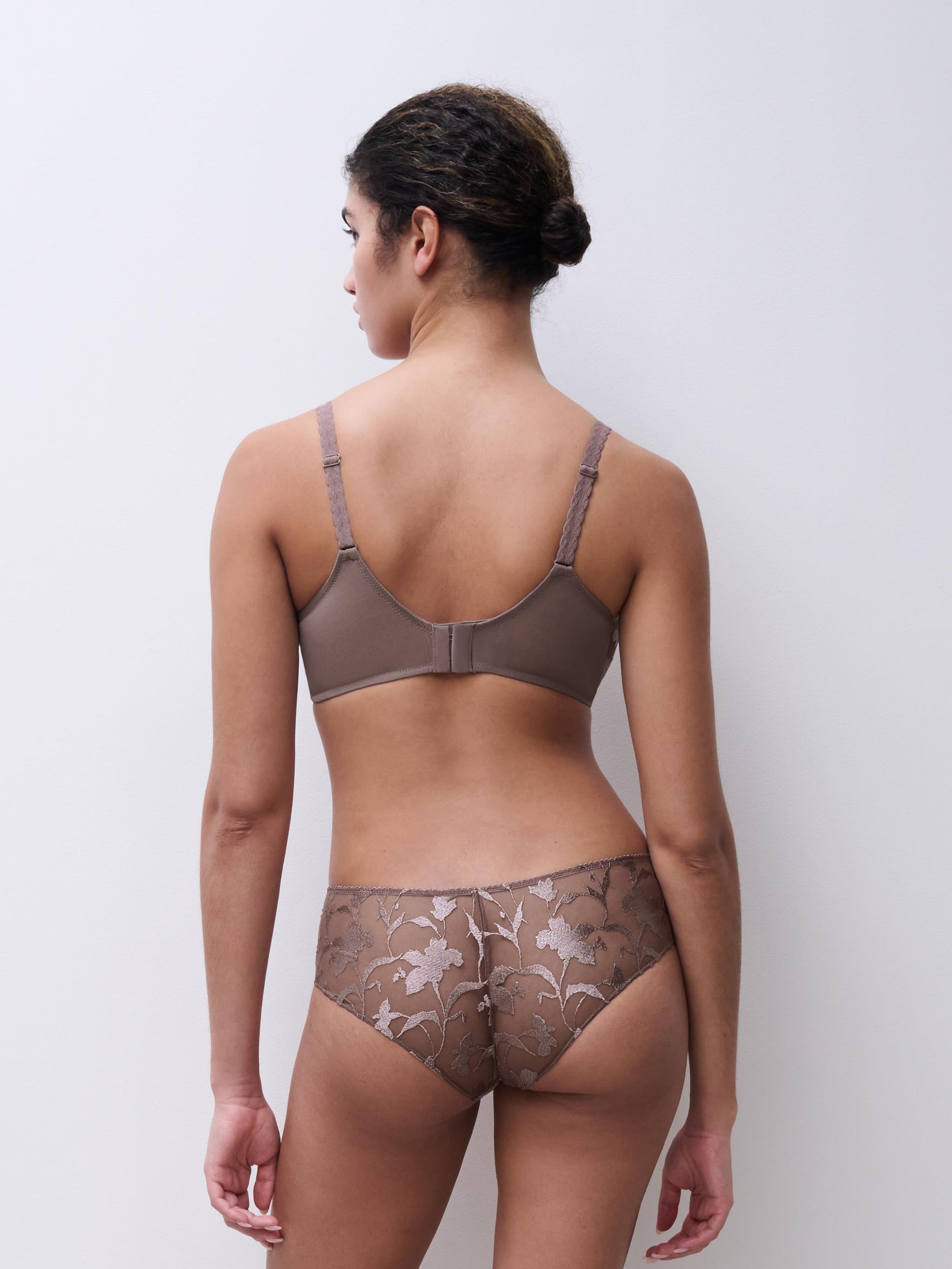 Plunging spacer bra with floral embroidery. CHANTELLE Brown
