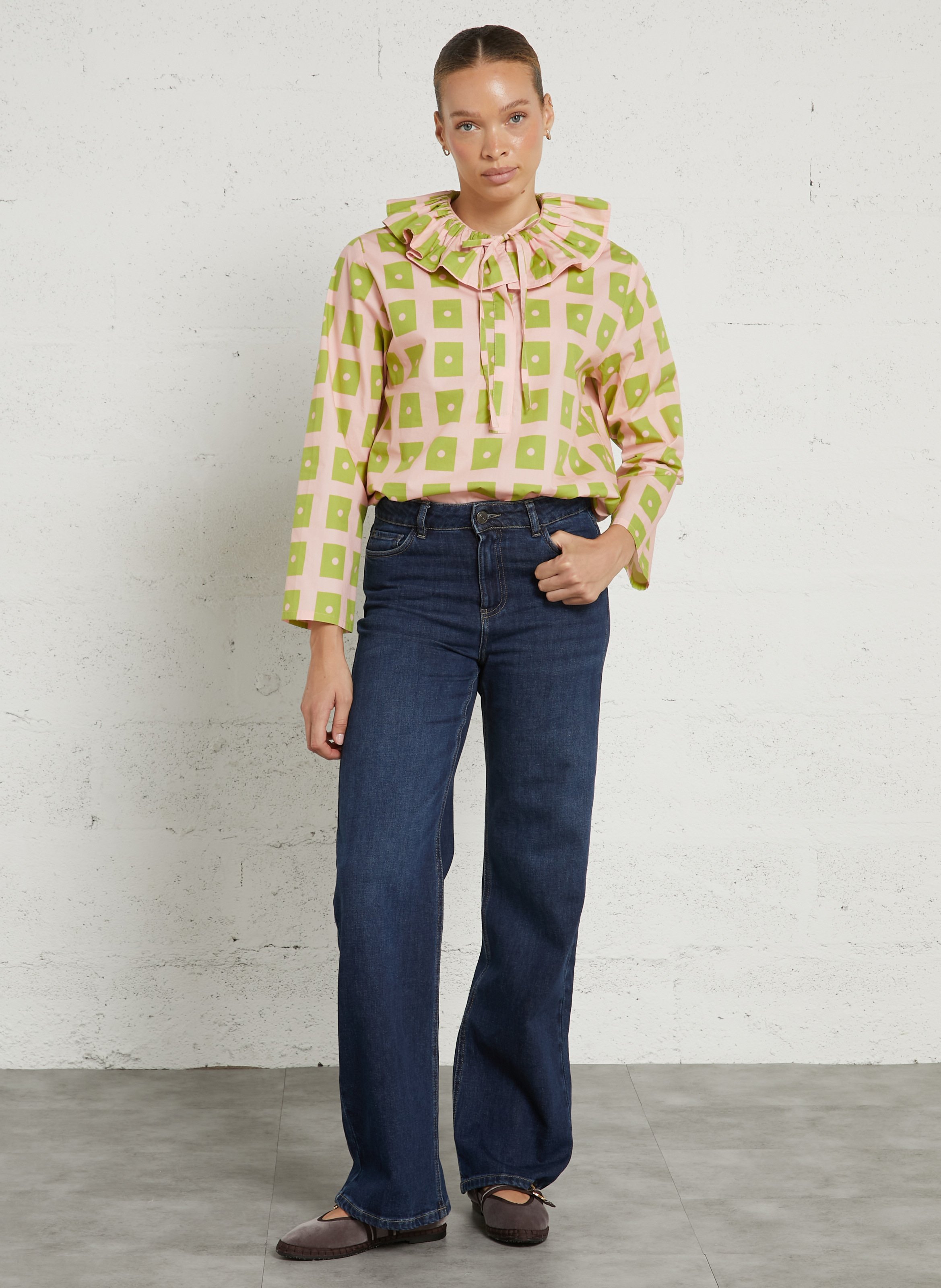 Gerade geschnittene Baumwollbluse mit Bubikragen und Vichy-Print DR BLOOM Golden