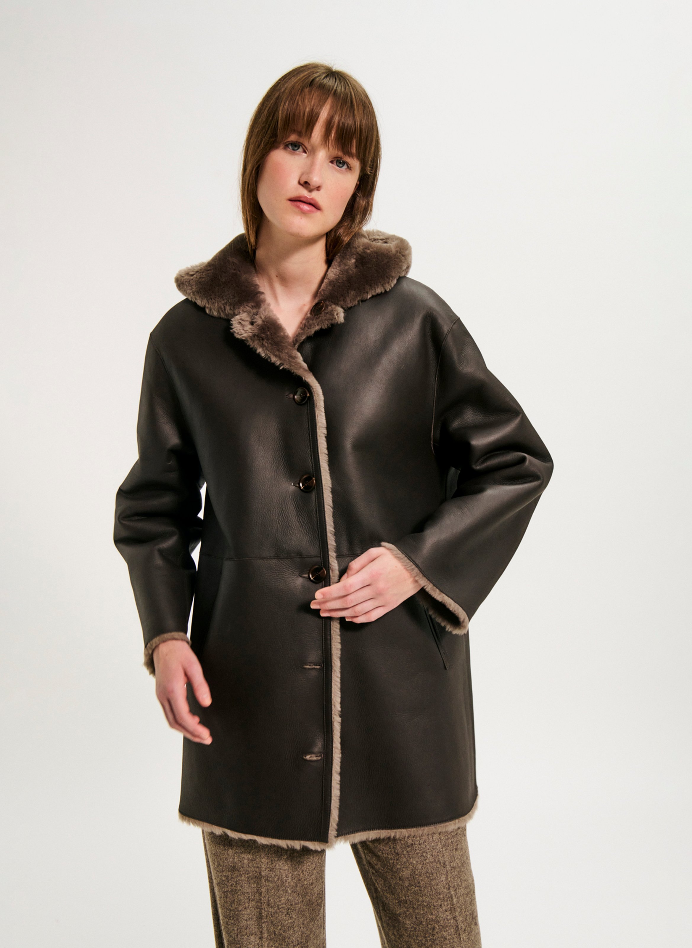 Reversible straight-cut leather coat PABLO Brown
