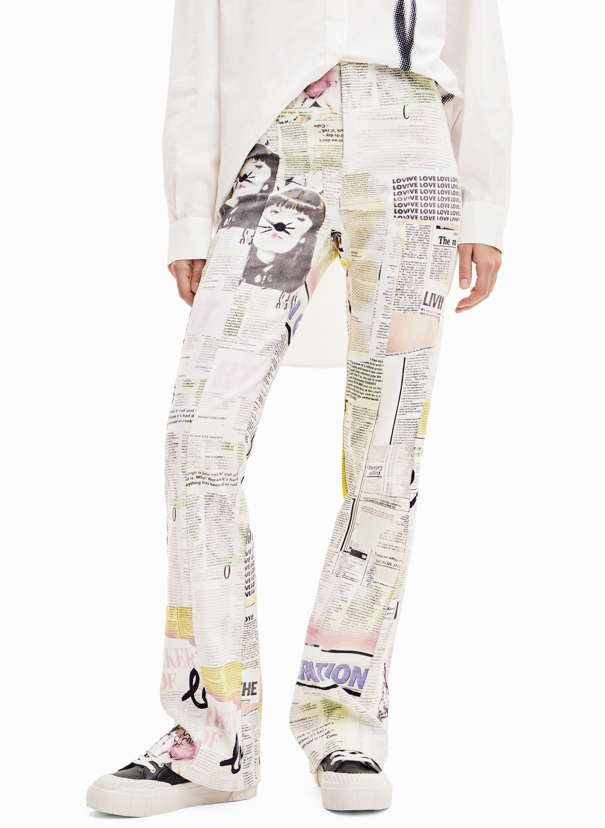 Pantalon vas taille haute en coton imprim Blanc