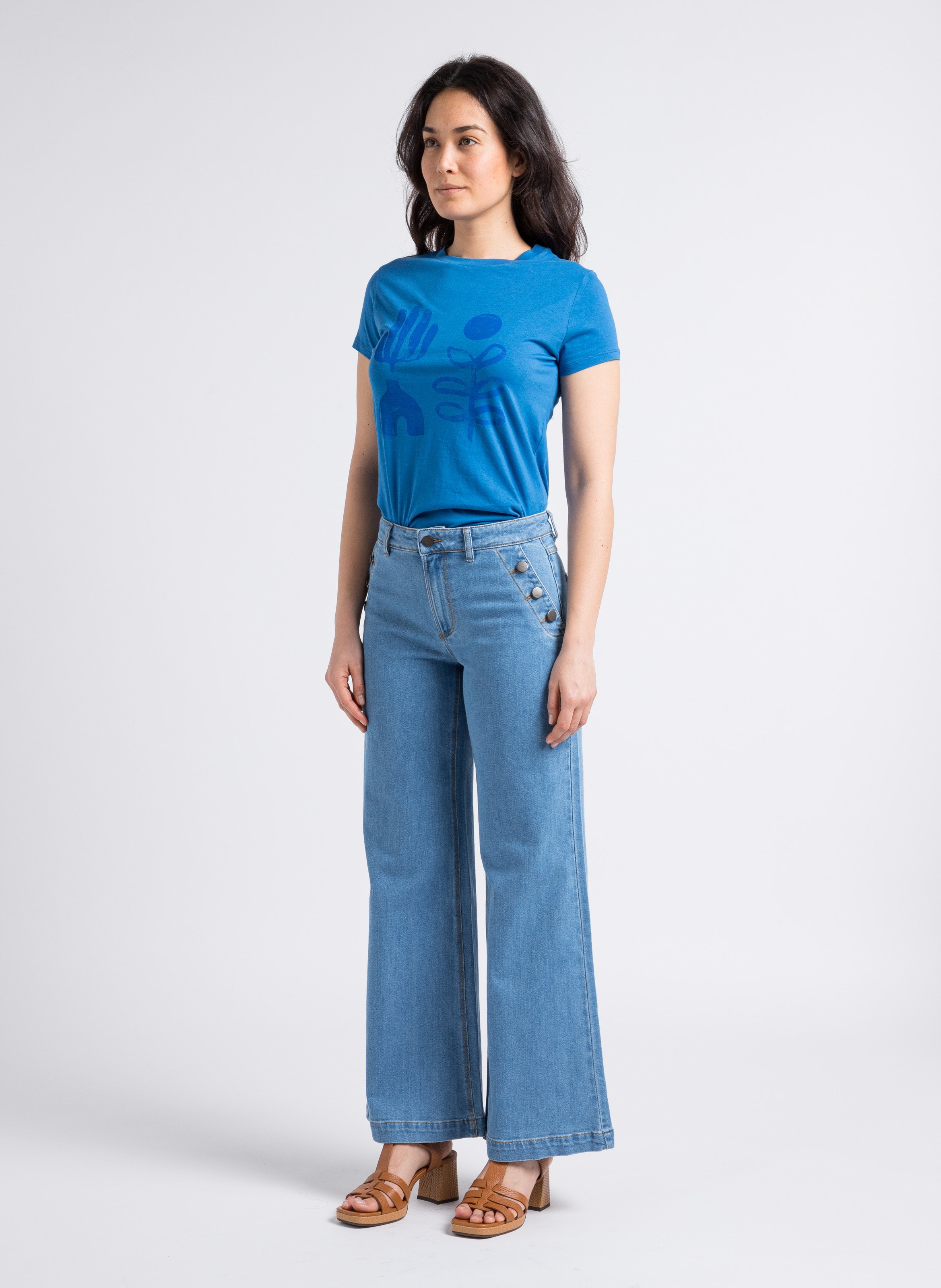 Jean large en deim délavé ONE STEP Bleu