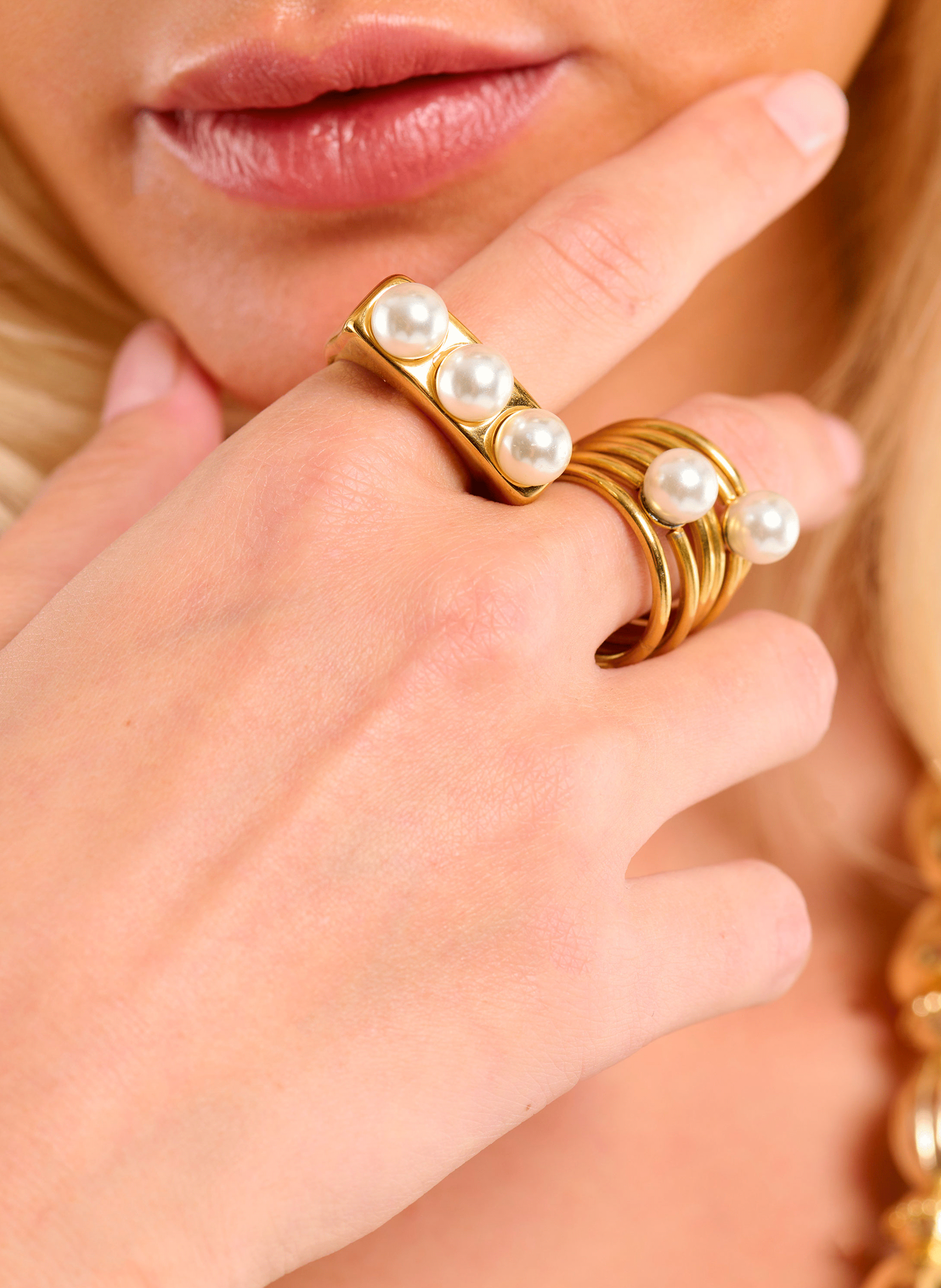 Bague perles en acier inoxydable Doré