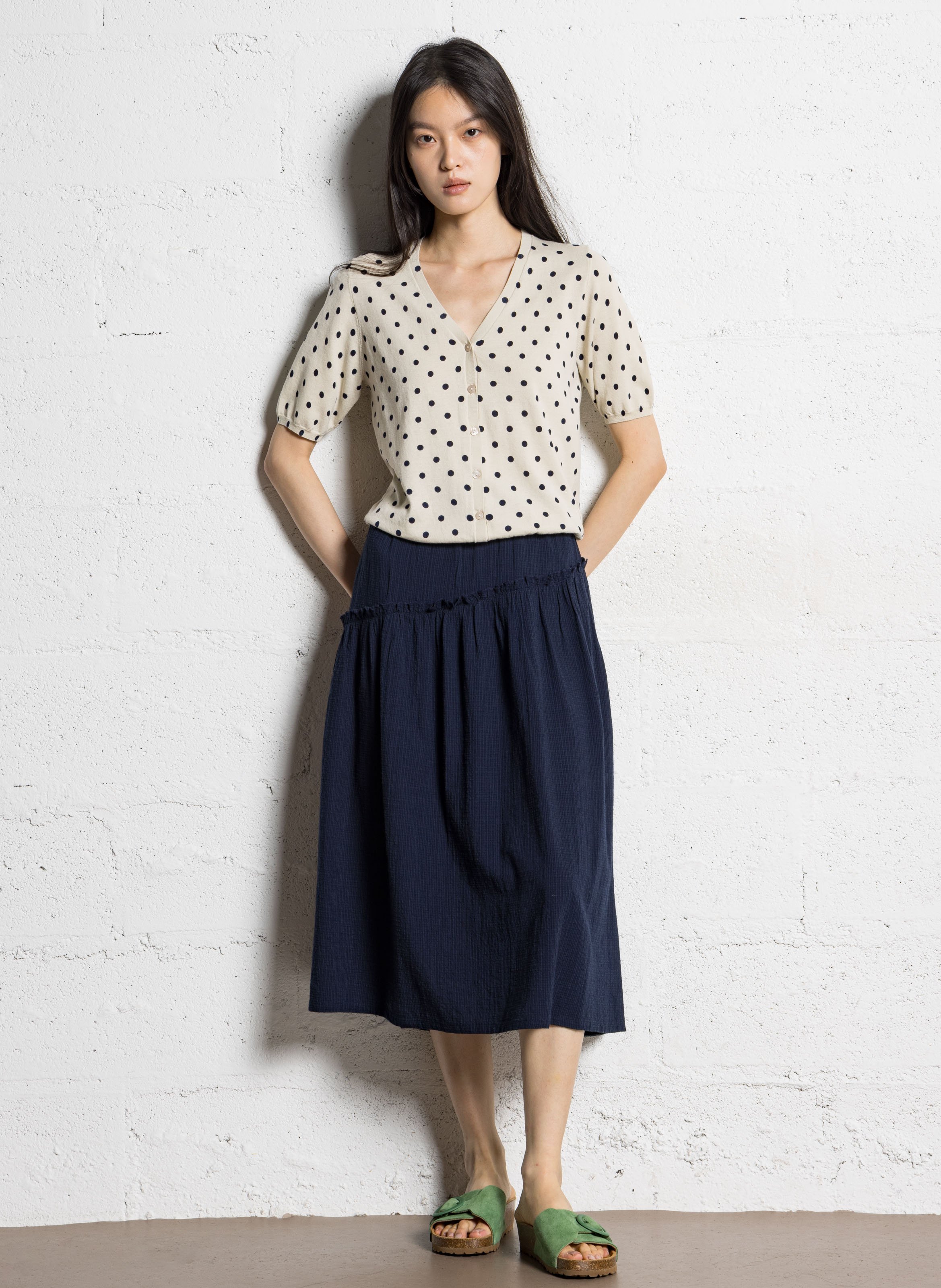 Recht, katoenen vest met V-hals en print NICE THINGS Beige